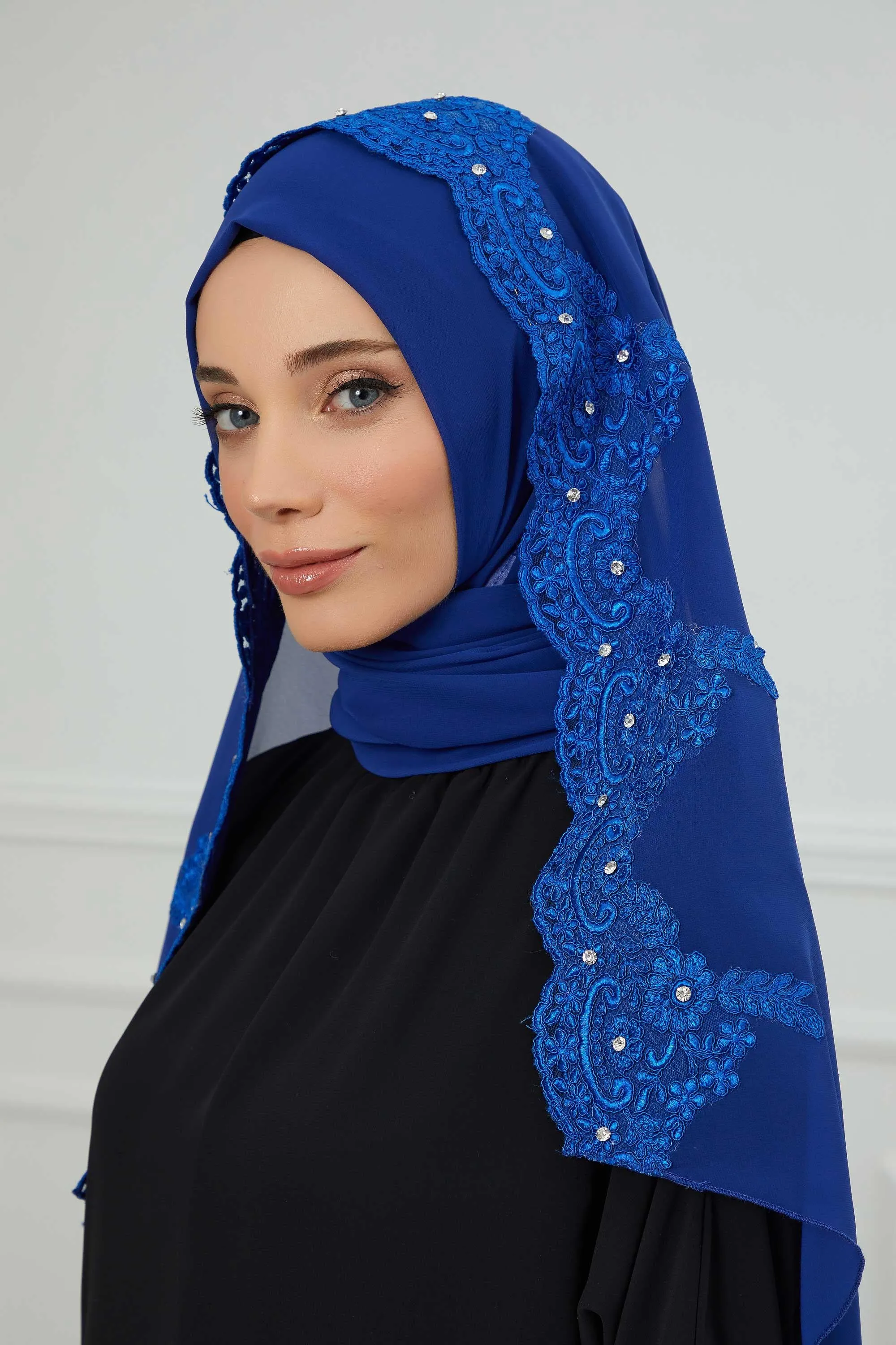 Chiffon Shawl with Handmade Unique Lace & Stone Accessories for Women, Modesty Instant Turban Cap Hat Head Wrap Stylish Long Headscarf,PS-24