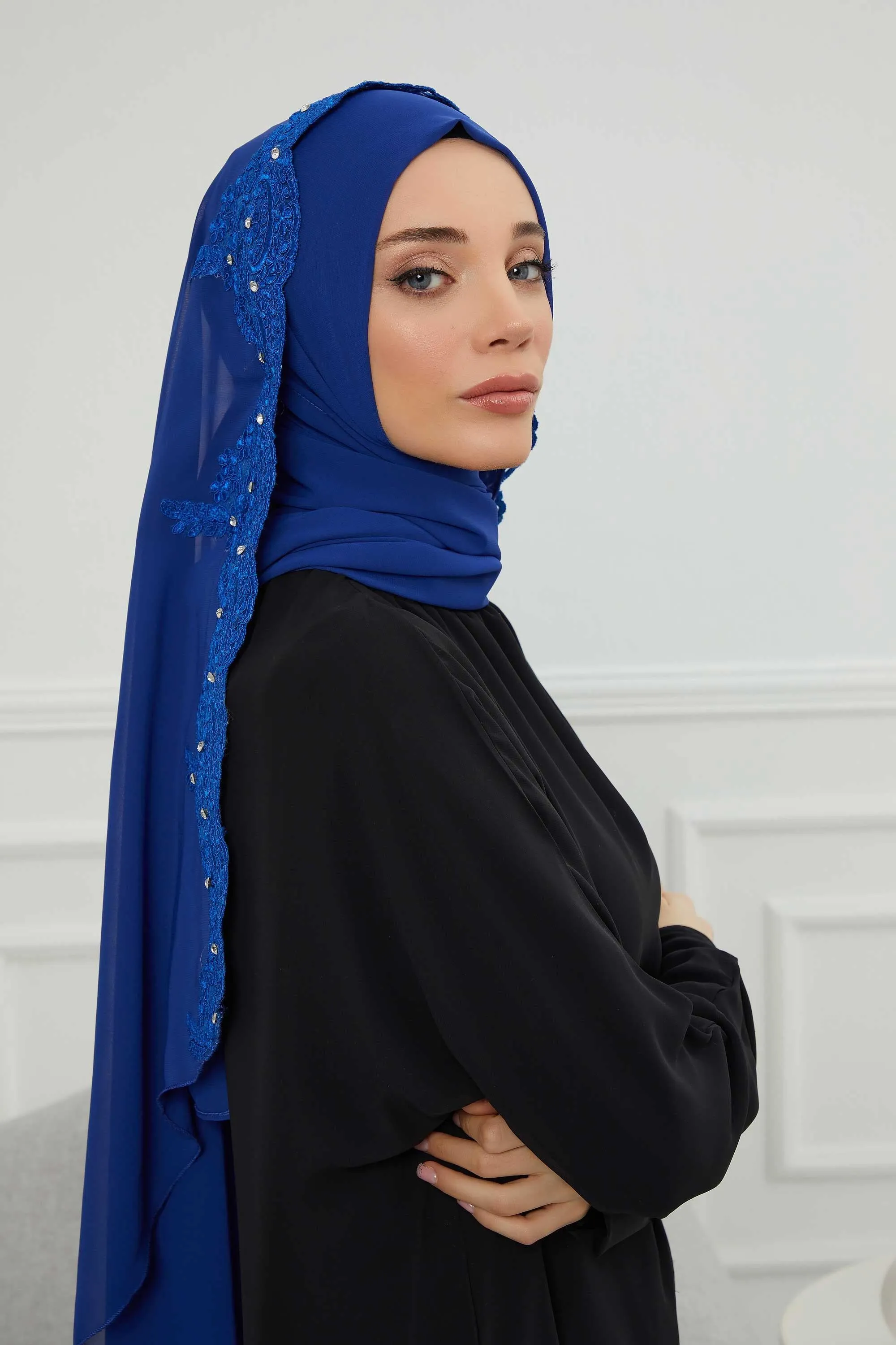 Chiffon Shawl with Handmade Unique Lace & Stone Accessories for Women, Modesty Instant Turban Cap Hat Head Wrap Stylish Long Headscarf,PS-24