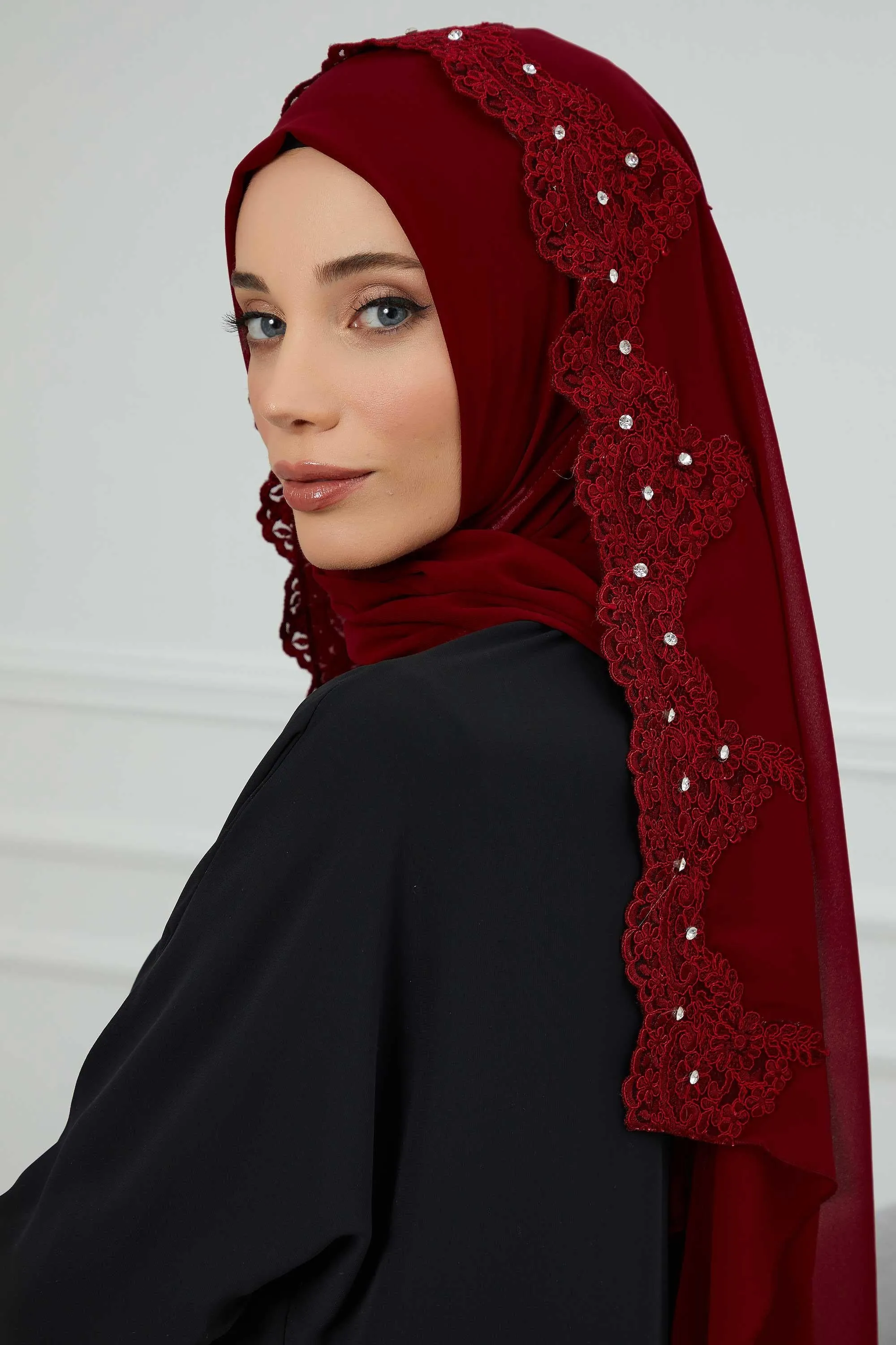 Chiffon Shawl with Handmade Unique Lace & Stone Accessories for Women, Modesty Instant Turban Cap Hat Head Wrap Stylish Long Headscarf,PS-24