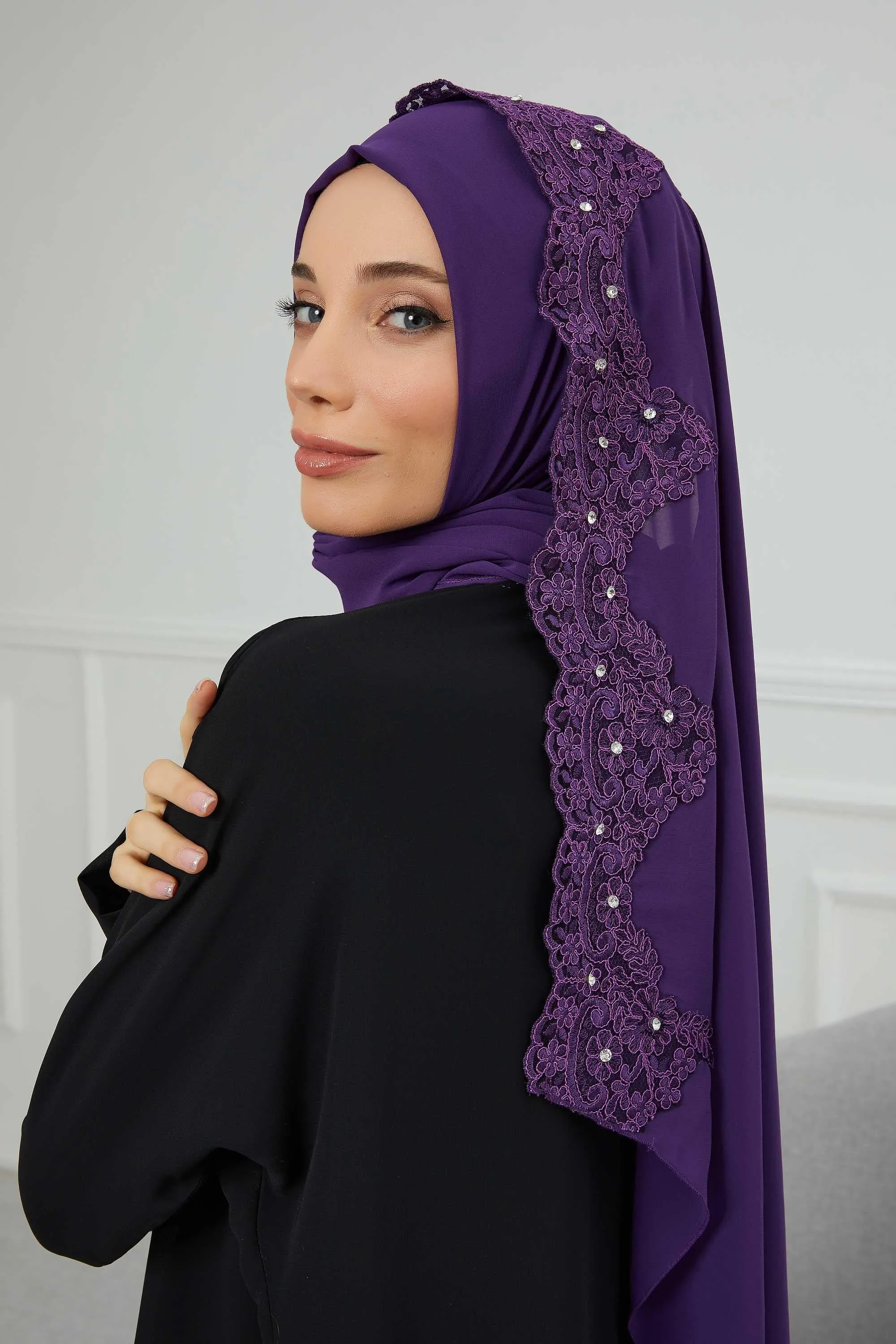 Chiffon Shawl with Handmade Unique Lace & Stone Accessories for Women, Modesty Instant Turban Cap Hat Head Wrap Stylish Long Headscarf,PS-24