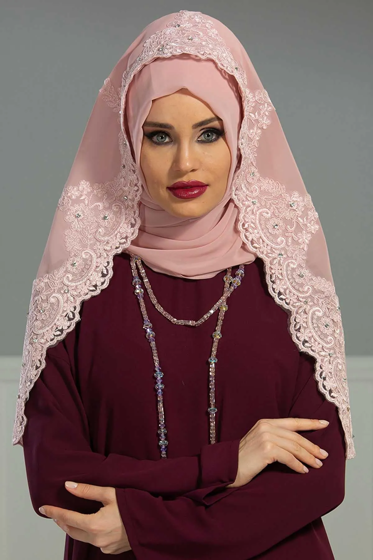 Chiffon Shawl with Handmade Unique Lace & Stone Accessories for Women, Modesty Instant Turban Cap Hat Head Wrap Stylish Long Headscarf,PS-24