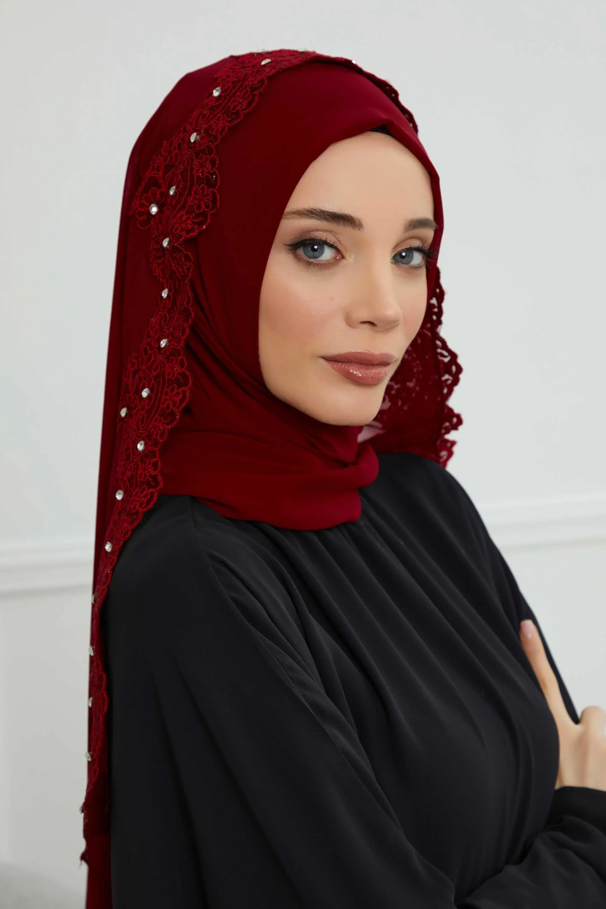 Chiffon Shawl with Handmade Unique Lace & Stone Accessories for Women, Modesty Instant Turban Cap Hat Head Wrap Stylish Long Headscarf,PS-24