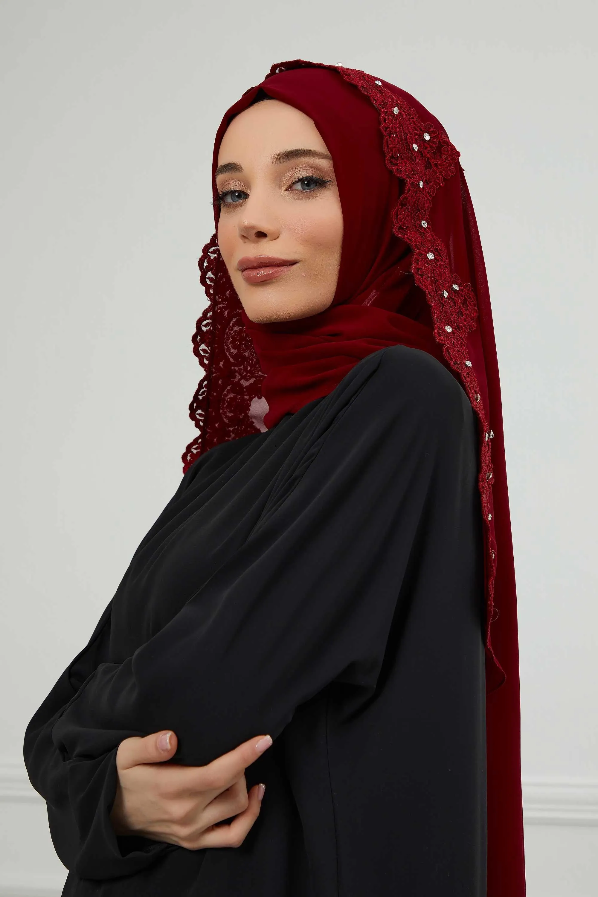 Chiffon Shawl with Handmade Unique Lace & Stone Accessories for Women, Modesty Instant Turban Cap Hat Head Wrap Stylish Long Headscarf,PS-24