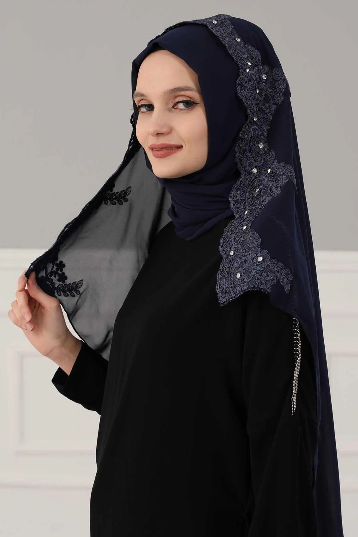 Chiffon Shawl with Handmade Unique Lace & Stone Accessories for Women, Modesty Instant Turban Cap Hat Head Wrap Stylish Long Headscarf,PS-24