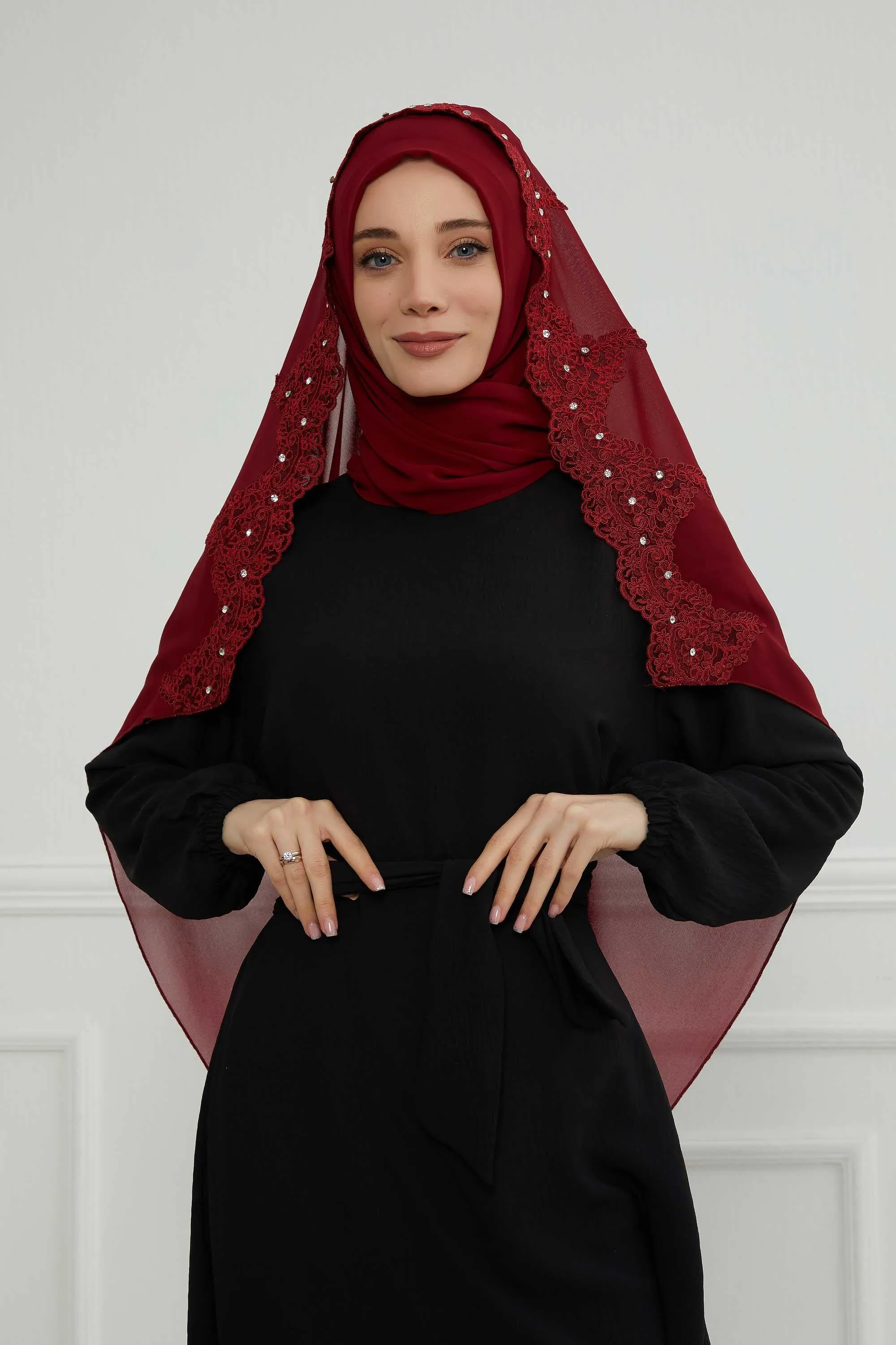 Chiffon Shawl with Handmade Unique Lace & Stone Accessories for Women, Modesty Instant Turban Cap Hat Head Wrap Stylish Long Headscarf,PS-24