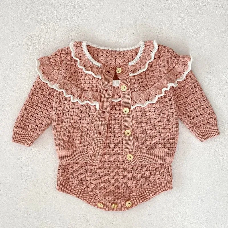 Cozy Knit Patterned Cardigan and Romper Set for Girls