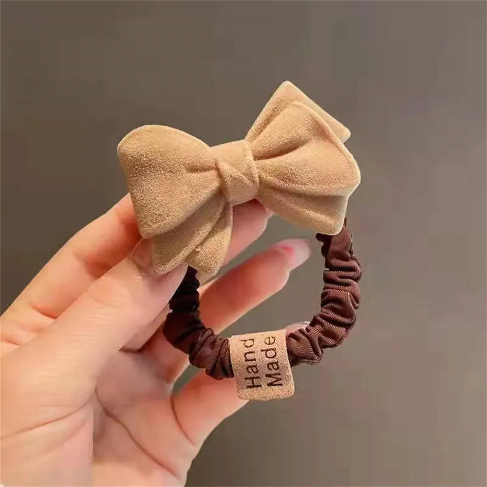 Cute Bow Knot Heart Hair Tie Solid Color Khaki Coffee Plush Hair Bands Women Girls High Elastic Rubber Ponytail Scrunchies