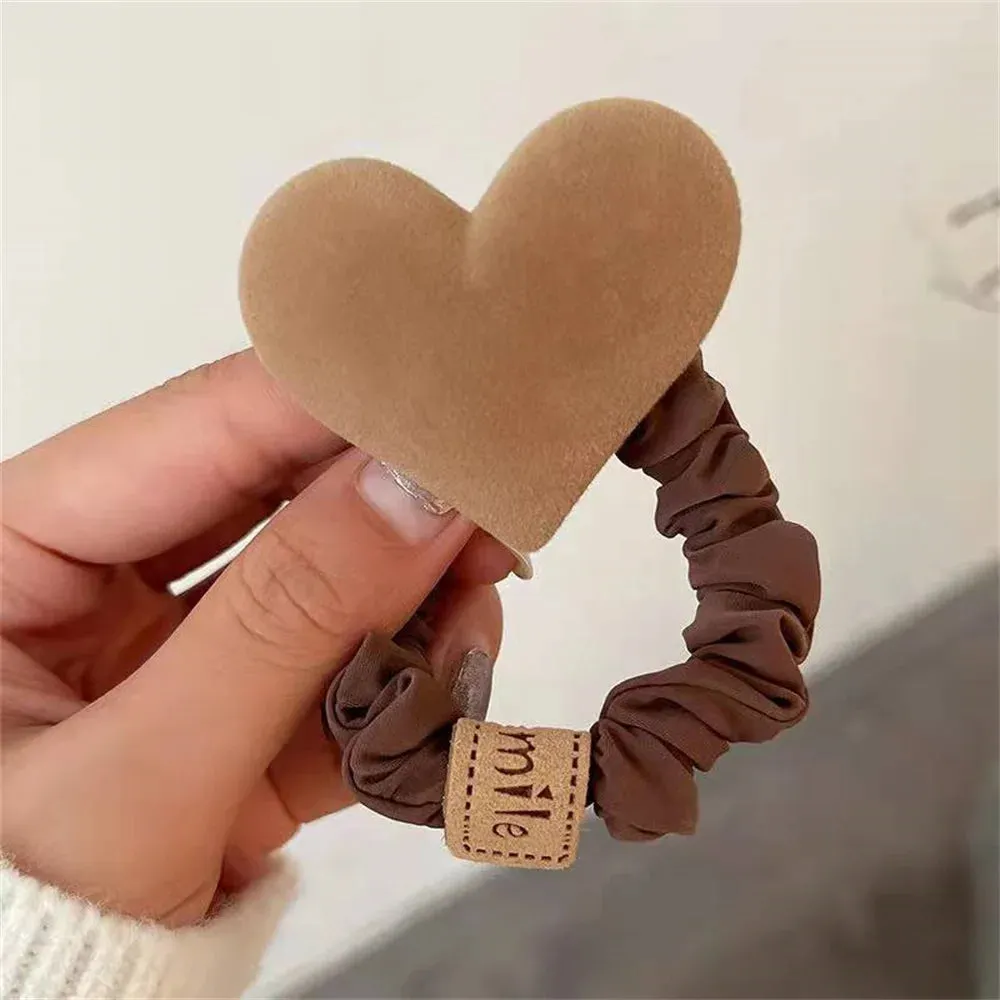 Cute Bow Knot Heart Hair Tie Solid Color Khaki Coffee Plush Hair Bands Women Girls High Elastic Rubber Ponytail Scrunchies