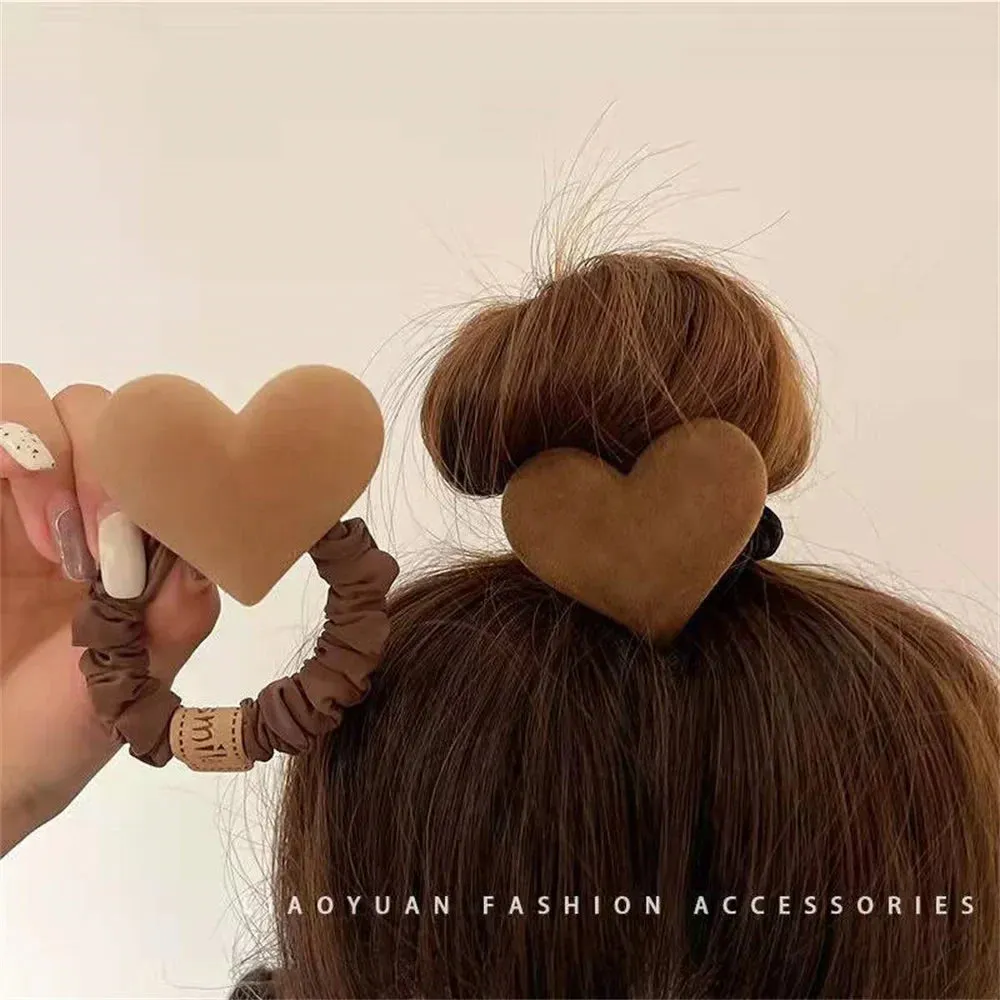 Cute Bow Knot Heart Hair Tie Solid Color Khaki Coffee Plush Hair Bands Women Girls High Elastic Rubber Ponytail Scrunchies