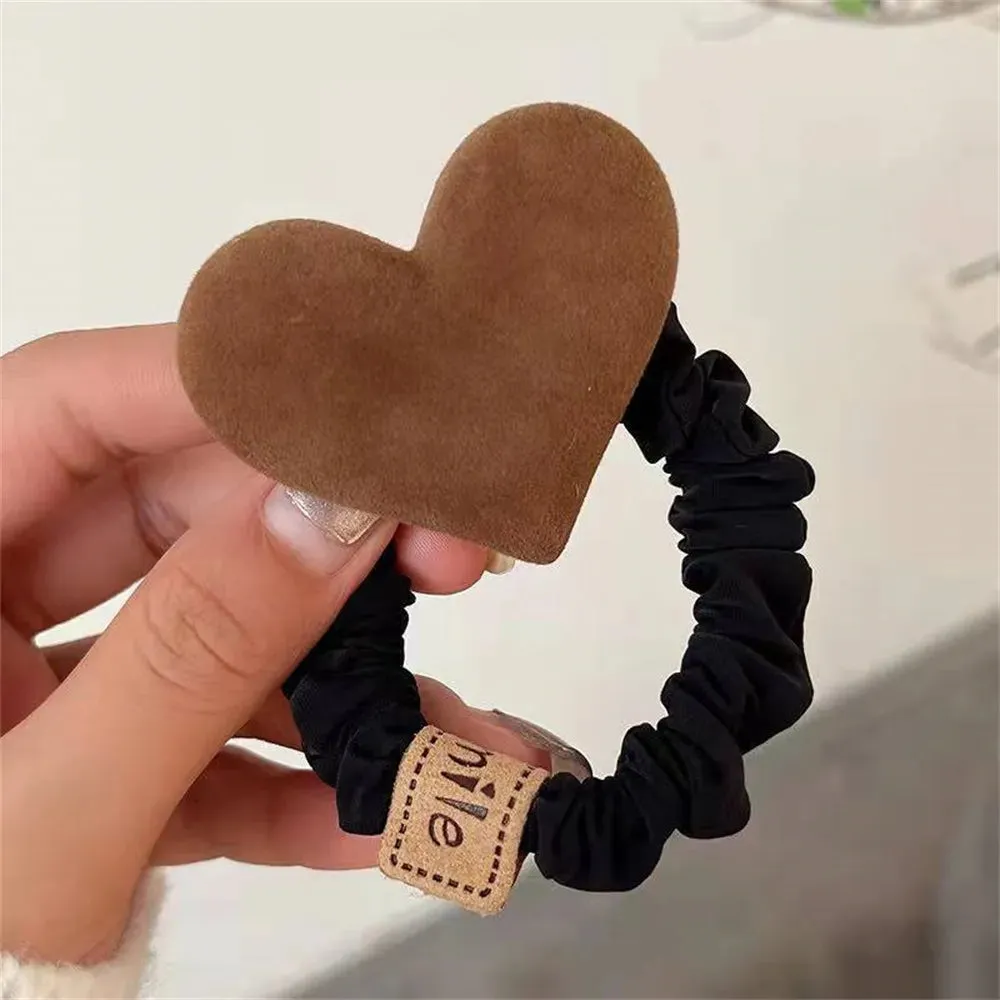 Cute Bow Knot Heart Hair Tie Solid Color Khaki Coffee Plush Hair Bands Women Girls High Elastic Rubber Ponytail Scrunchies