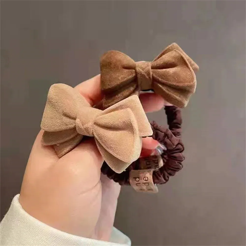 Cute Bow Knot Heart Hair Tie Solid Color Khaki Coffee Plush Hair Bands Women Girls High Elastic Rubber Ponytail Scrunchies