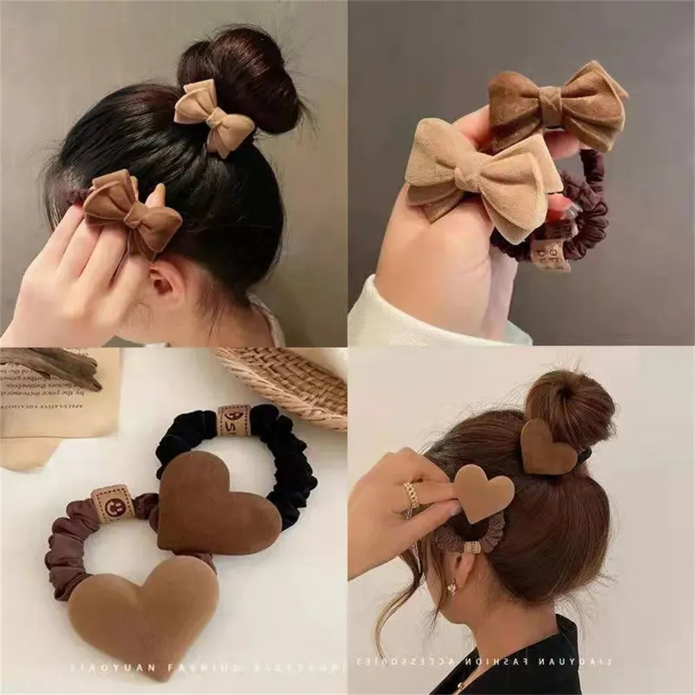 Cute Bow Knot Heart Hair Tie Solid Color Khaki Coffee Plush Hair Bands Women Girls High Elastic Rubber Ponytail Scrunchies