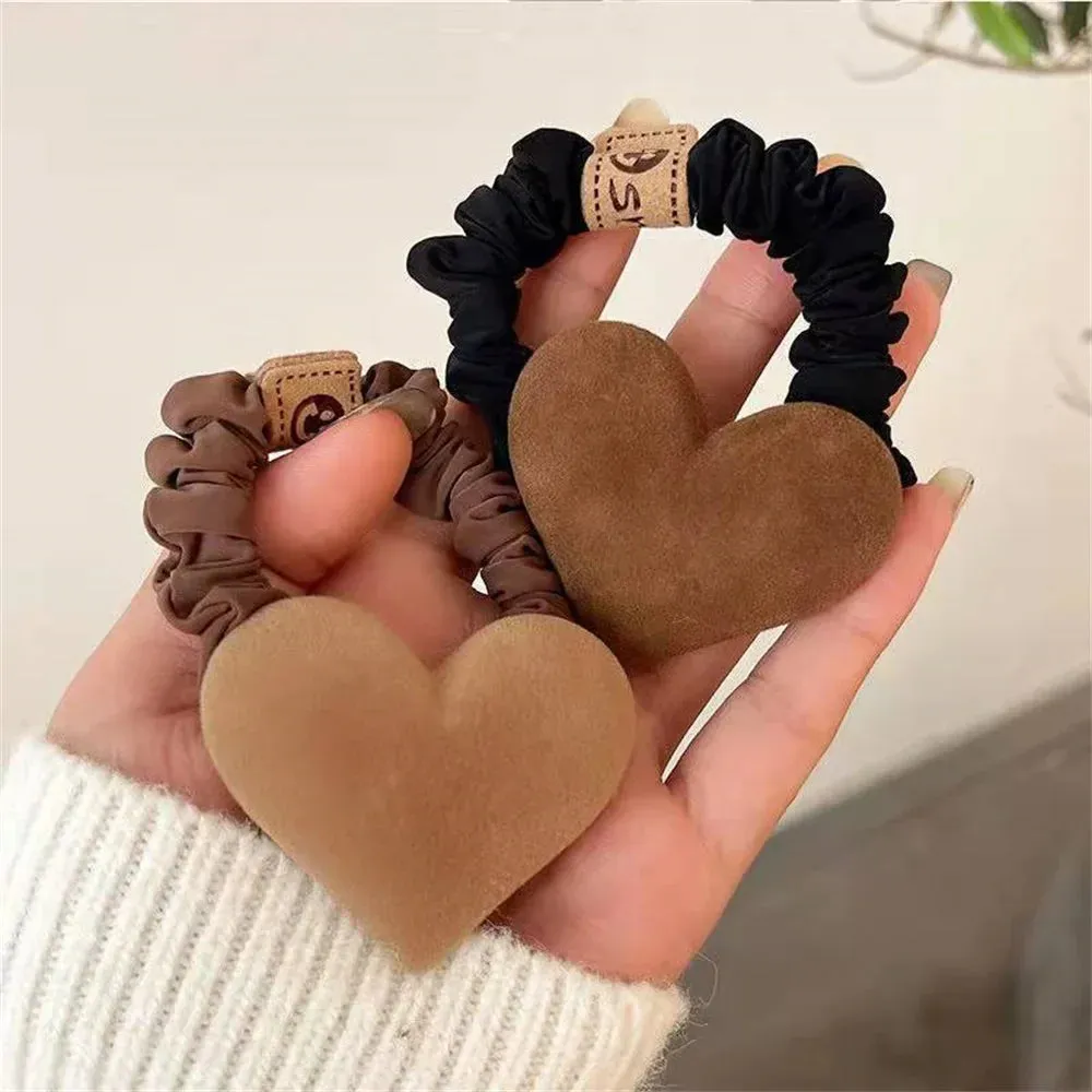 Cute Bow Knot Heart Hair Tie Solid Color Khaki Coffee Plush Hair Bands Women Girls High Elastic Rubber Ponytail Scrunchies