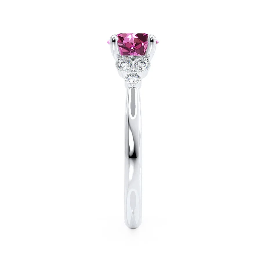 DELILAH - Chatham® Round Pink Sapphire 18k White Gold Shoulder Set Ring