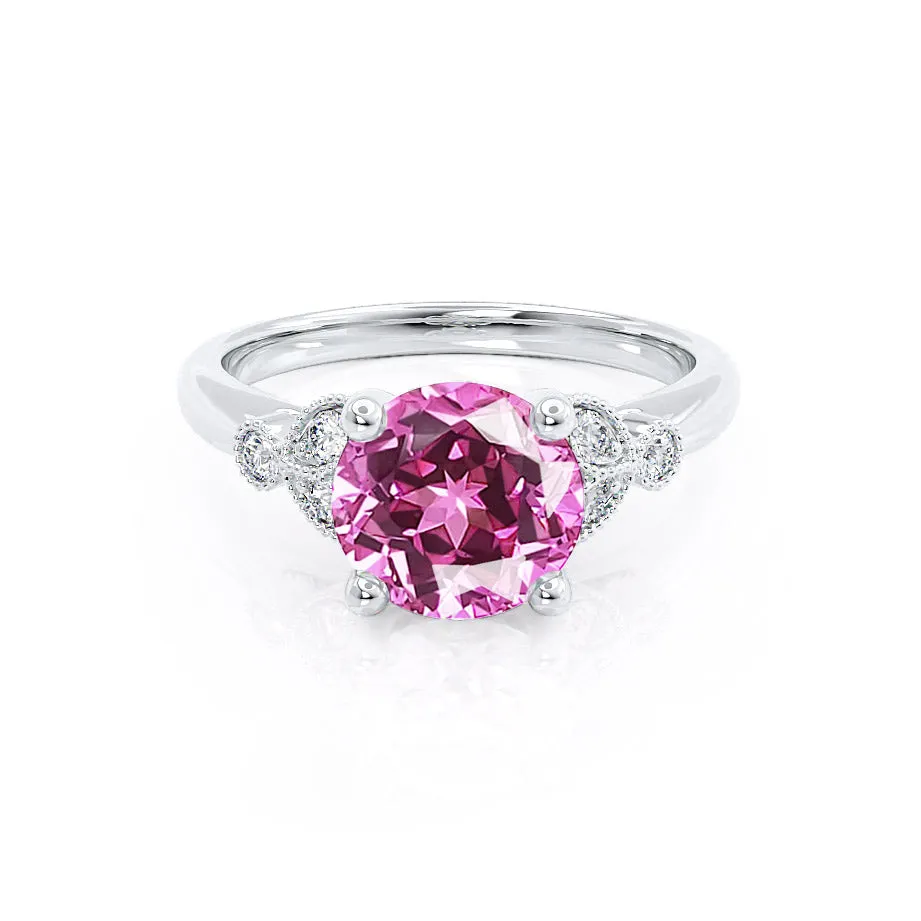 DELILAH - Chatham® Round Pink Sapphire 18k White Gold Shoulder Set Ring