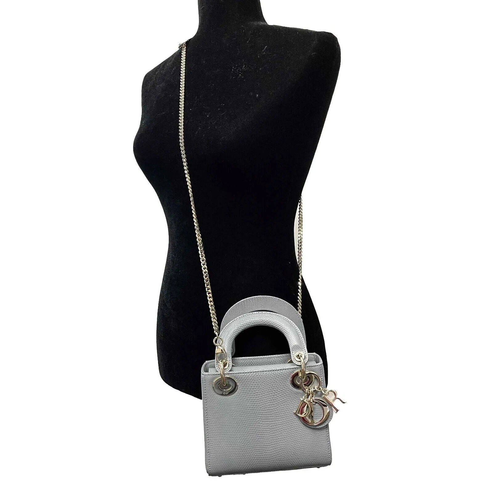 Dior - Mini Lizard Lady Dior - Light Blue Top Handle / Crossbody Chain Strap