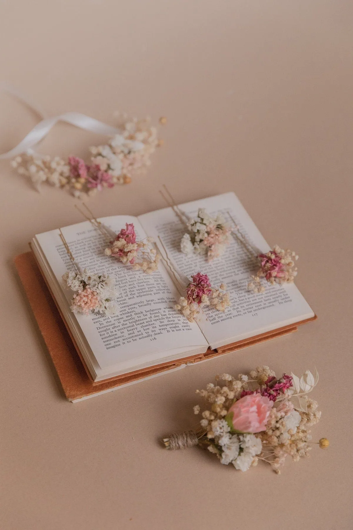 Dried Gypsophila & Pink Larkspur Boho Bridal Hair Pin Set 5 Piece