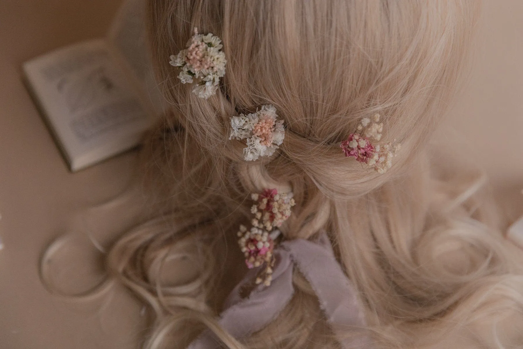 Dried Gypsophila & Pink Larkspur Boho Bridal Hair Pin Set 5 Piece