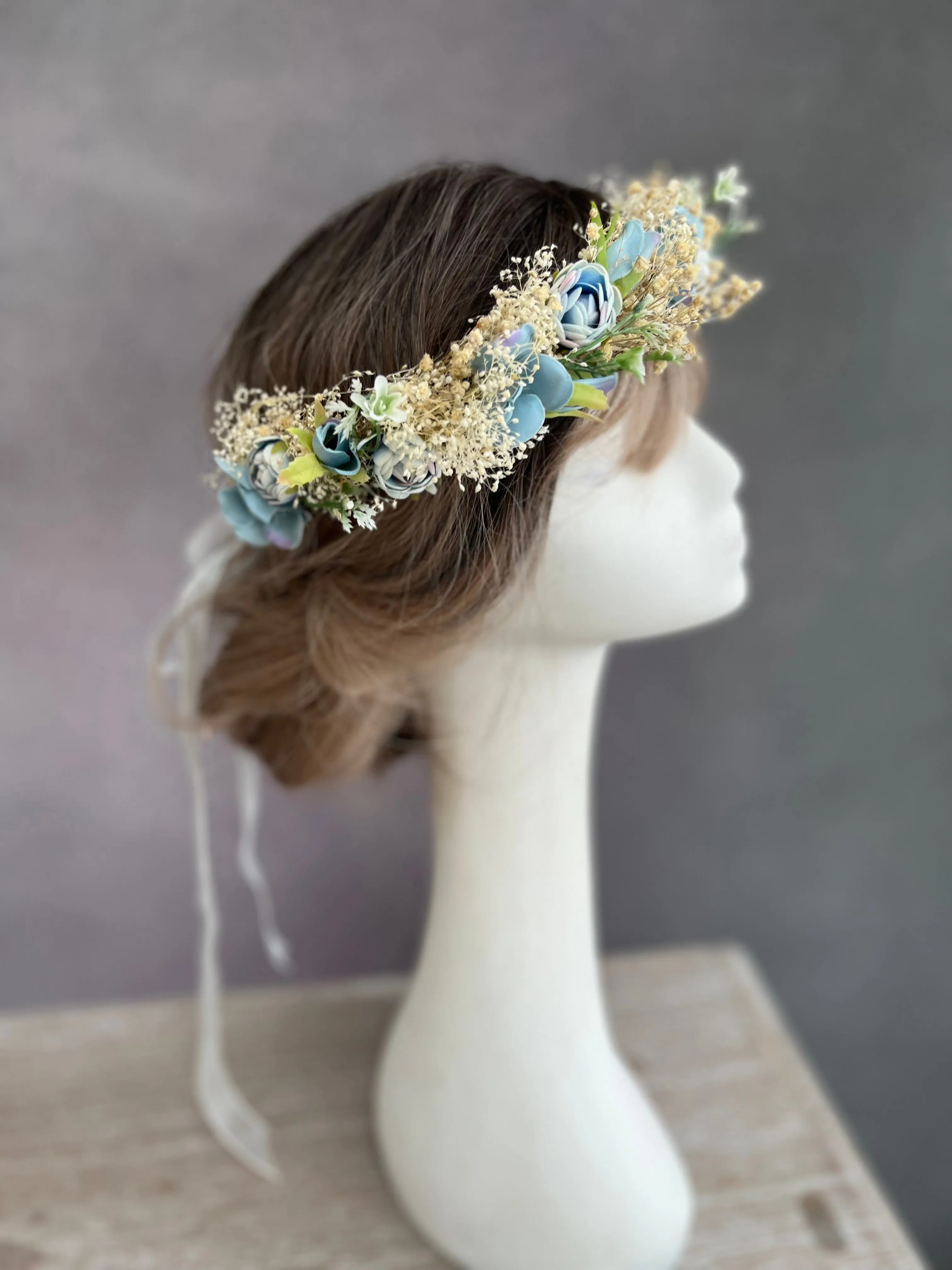 Dusty blue wedding hair wreath