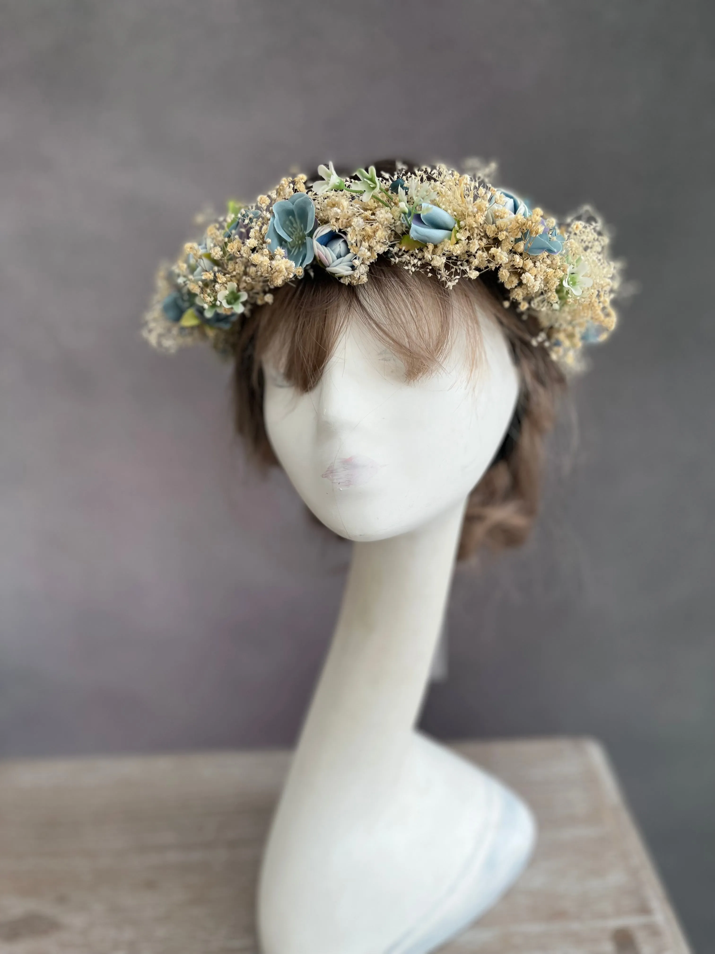 Dusty blue wedding hair wreath