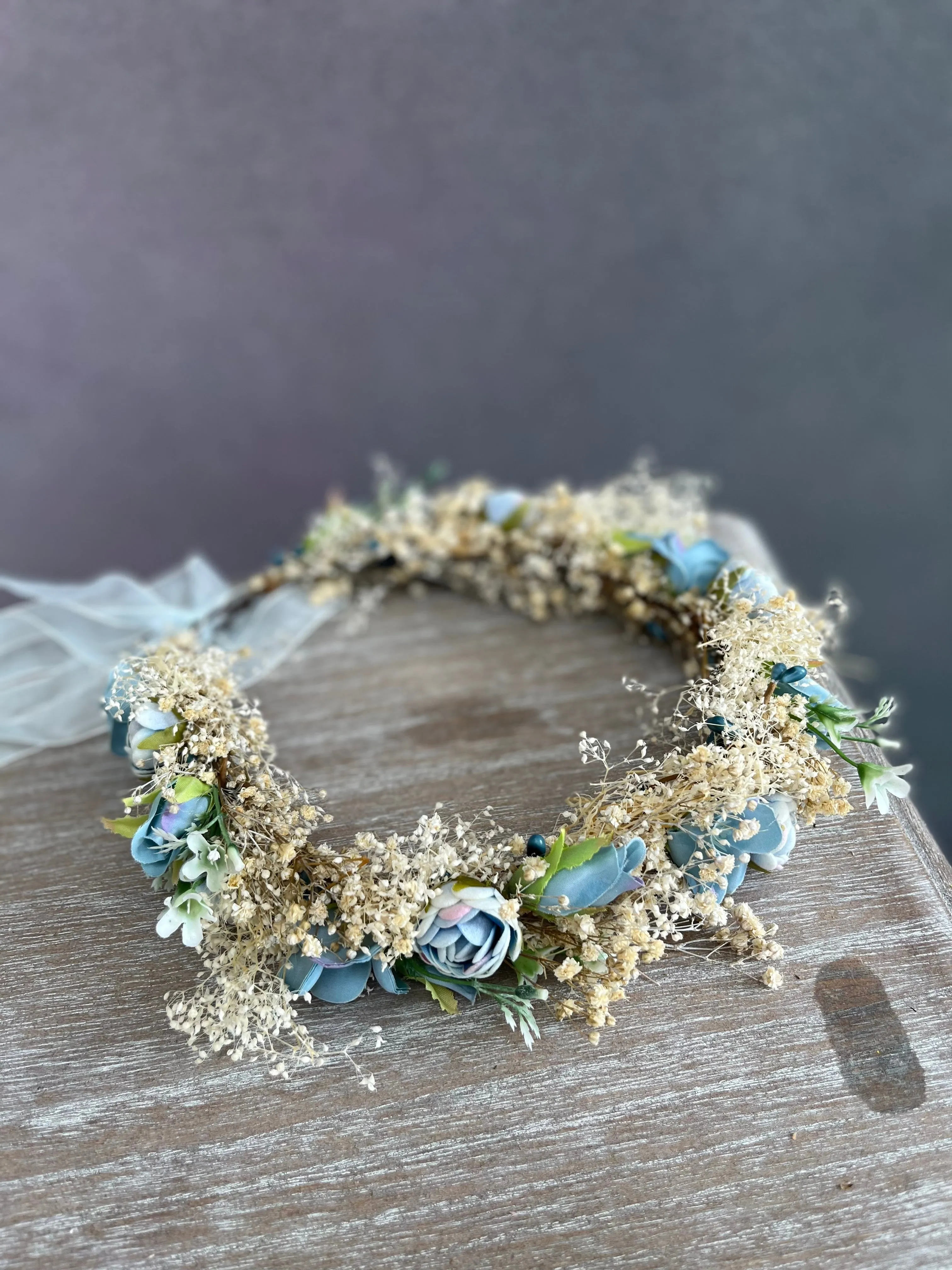 Dusty blue wedding hair wreath