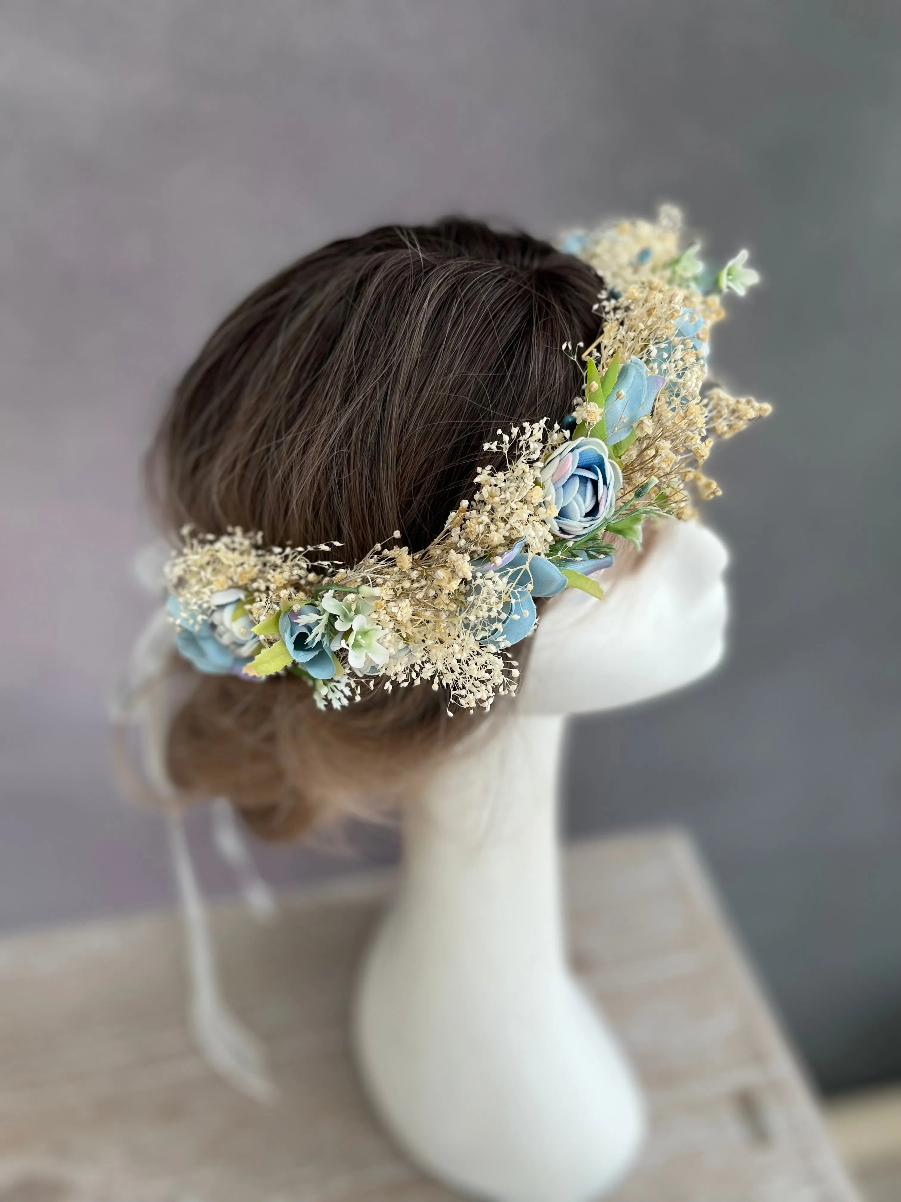 Dusty blue wedding hair wreath