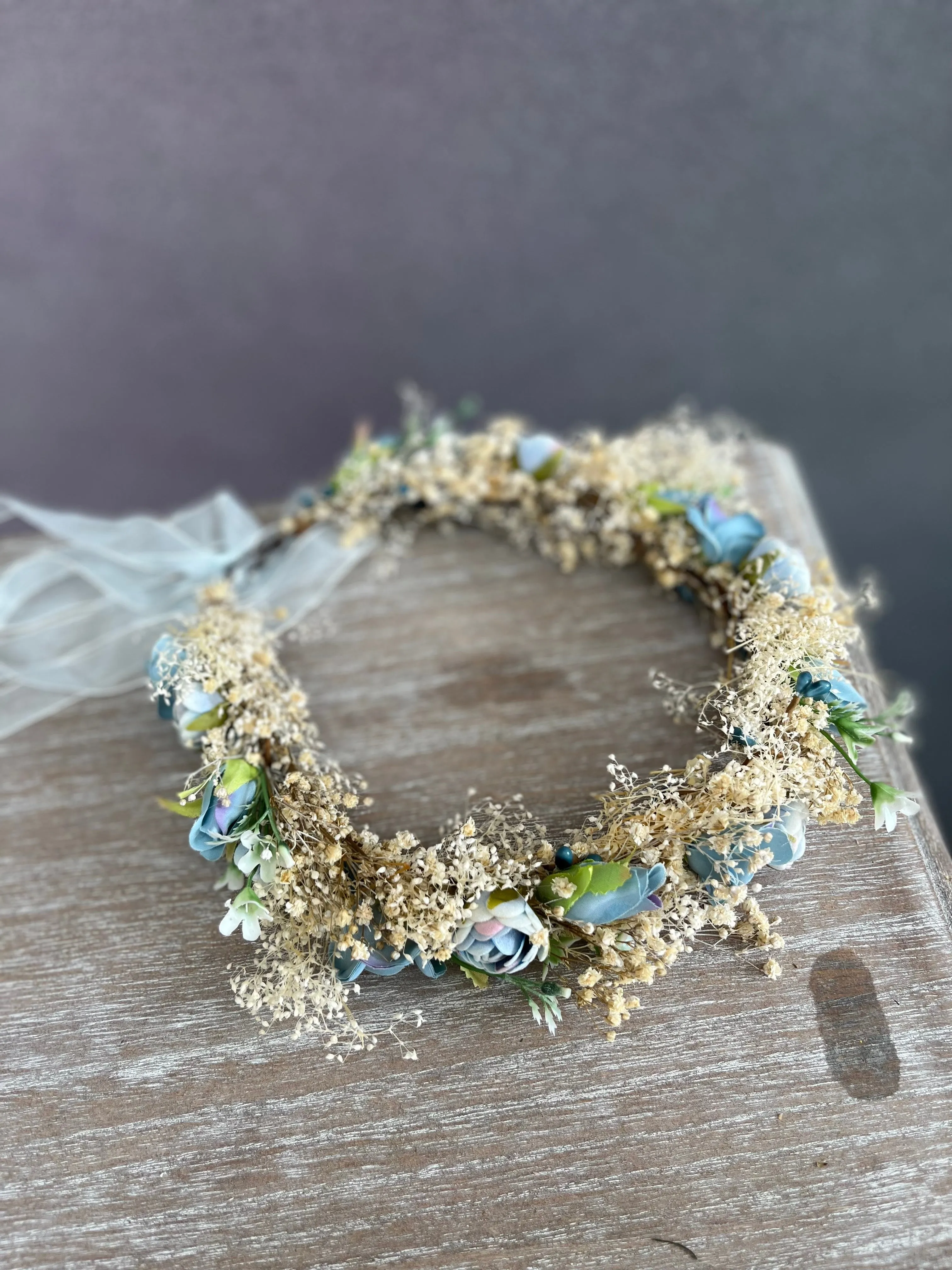 Dusty blue wedding hair wreath