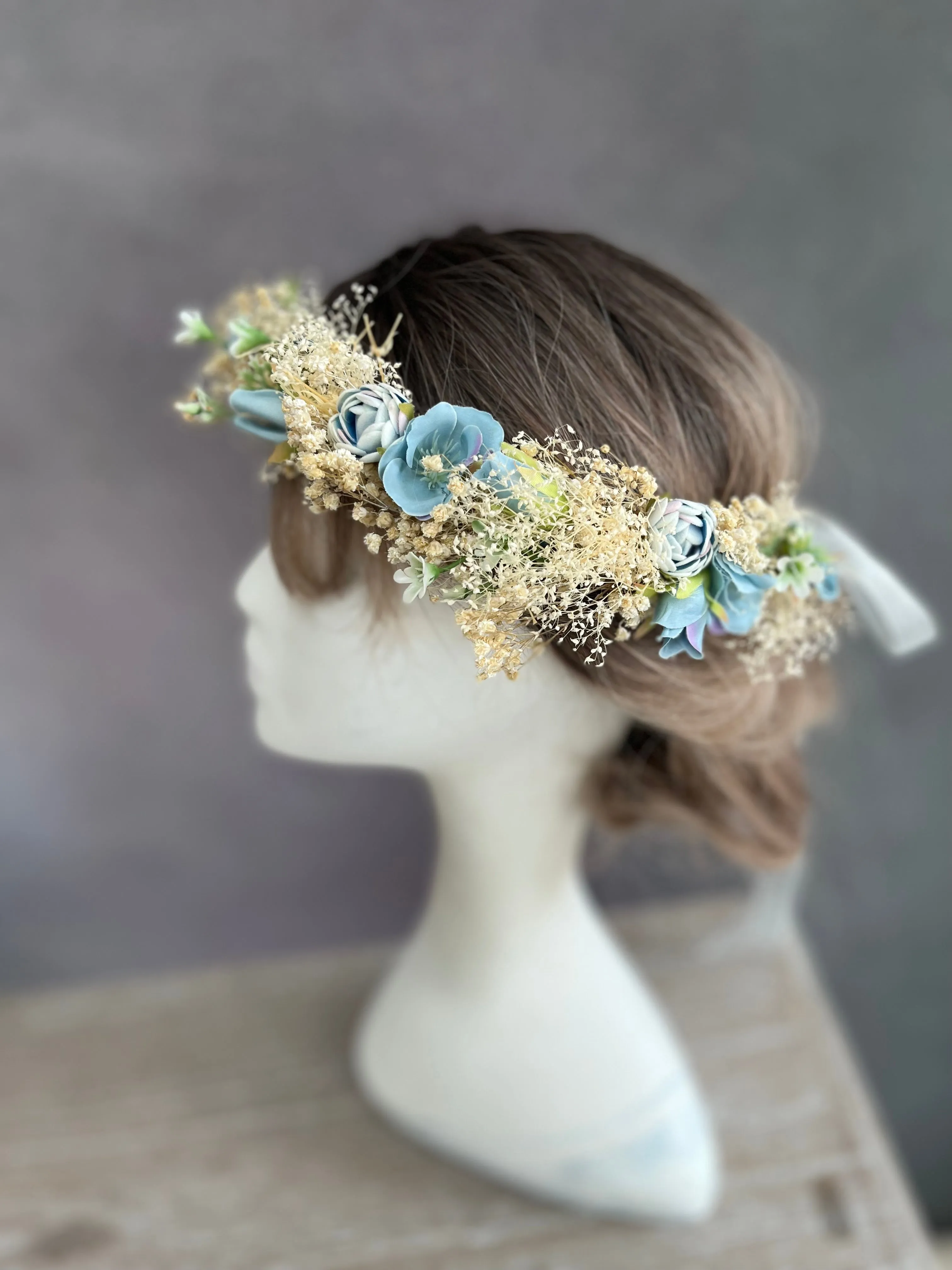 Dusty blue wedding hair wreath