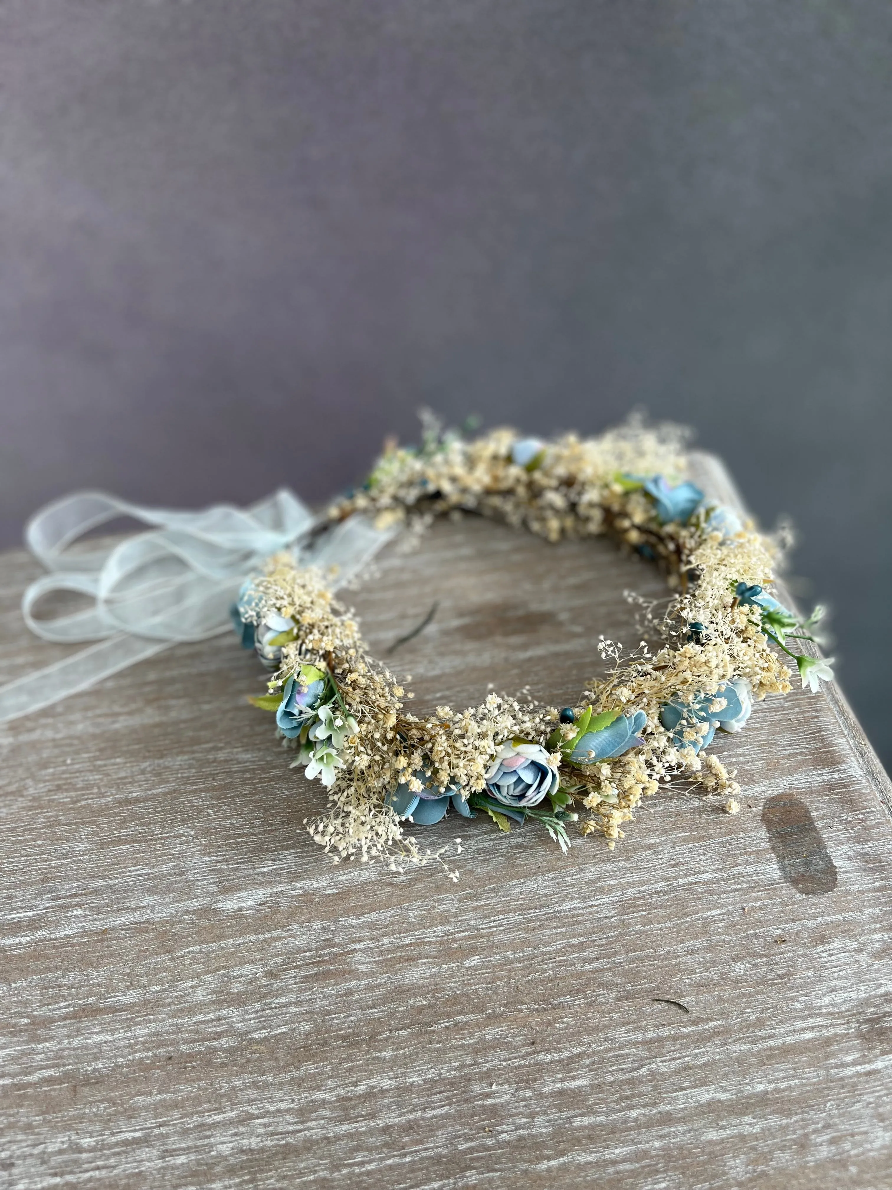 Dusty blue wedding hair wreath