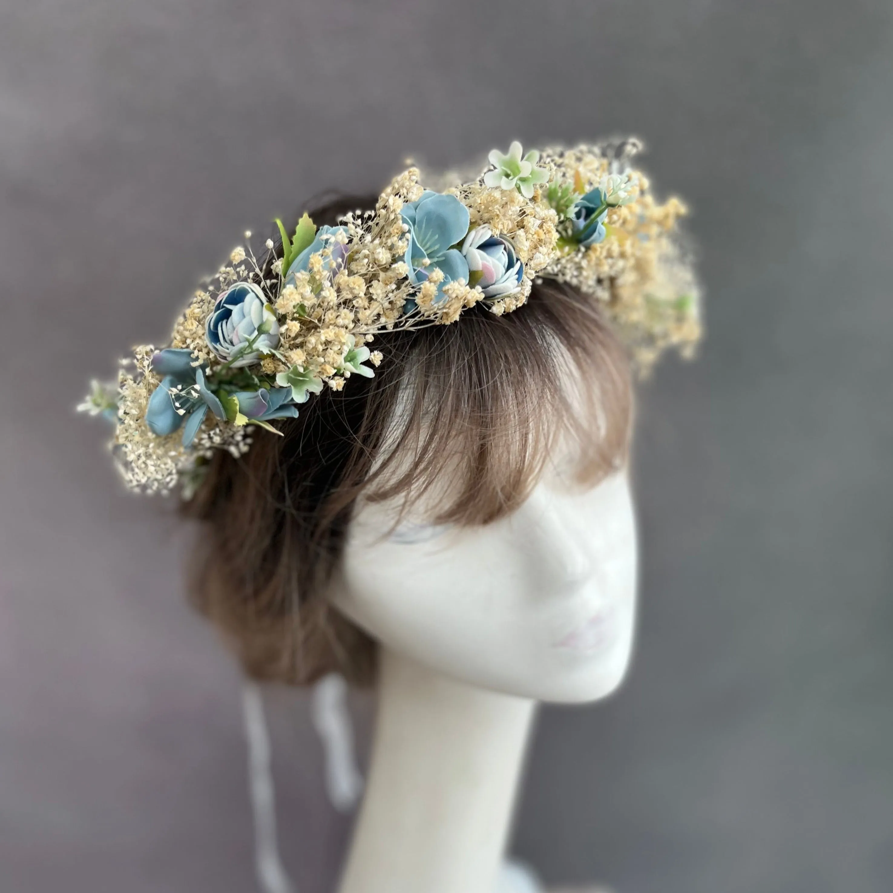 Dusty blue wedding hair wreath