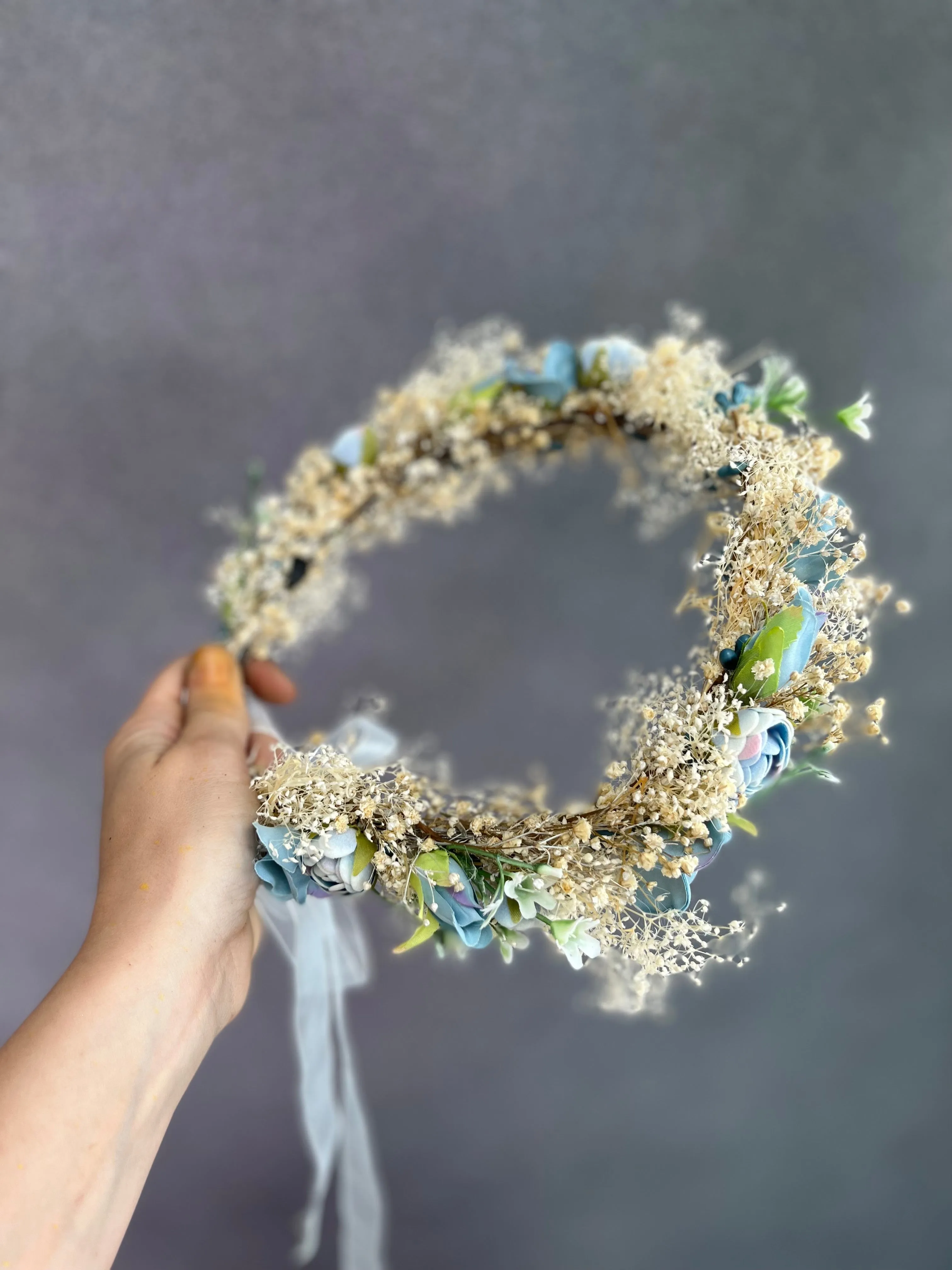 Dusty blue wedding hair wreath