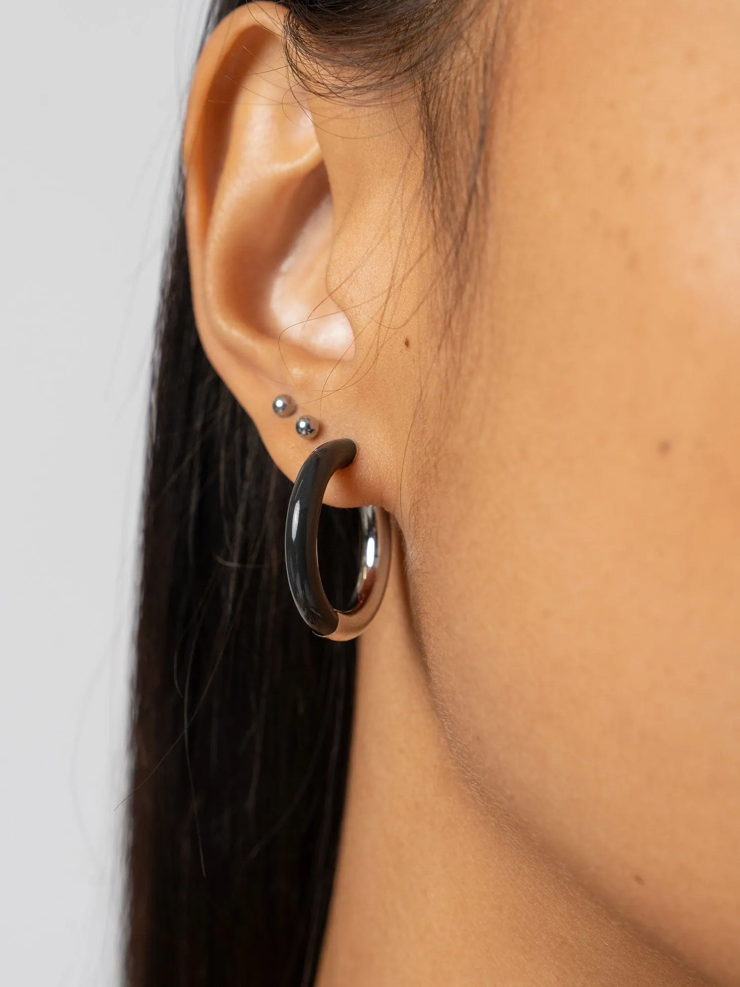 Enamel Hoop Earrings - Silver/Black