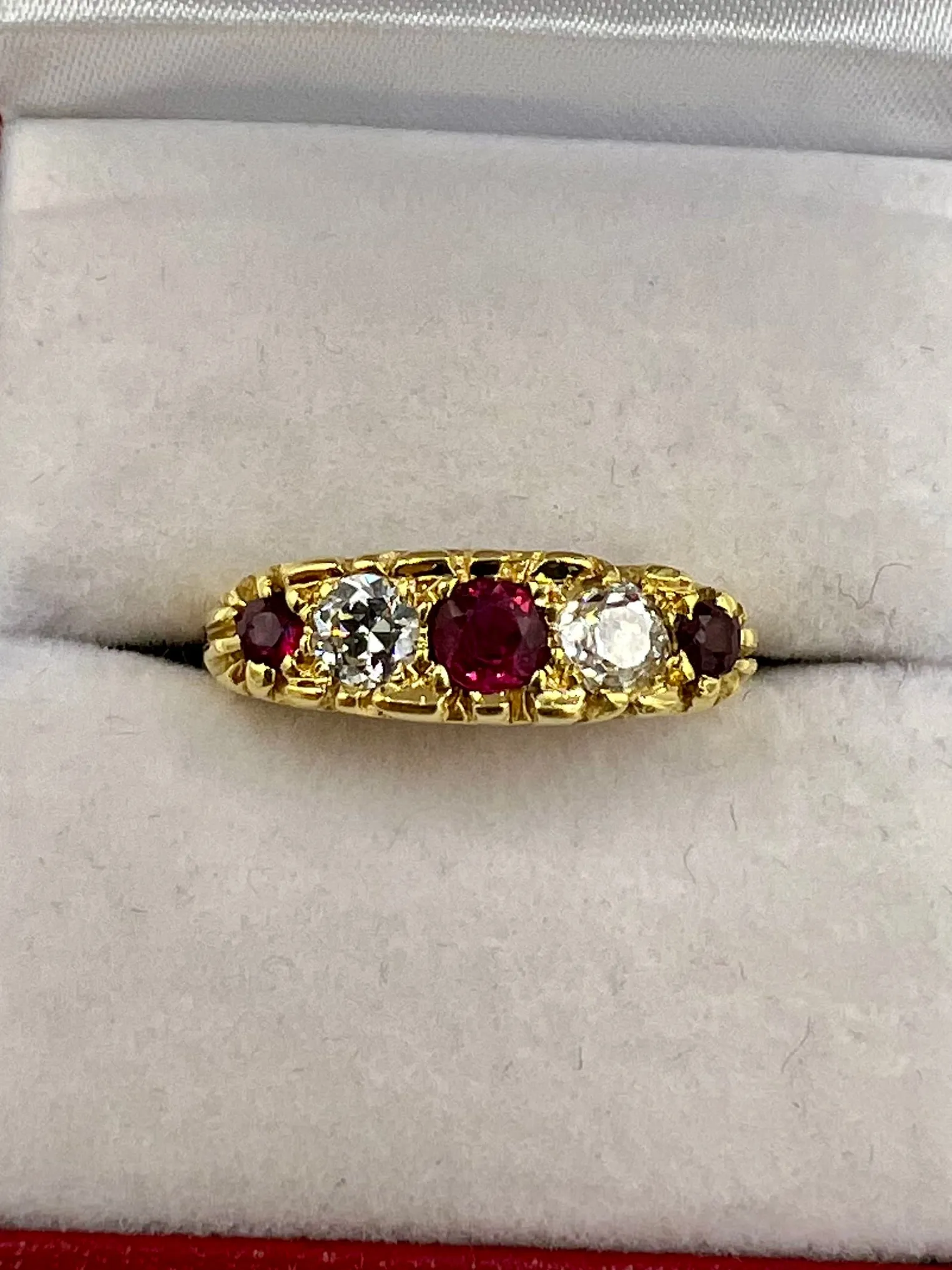 Estate Ruby Diamond Five Stone Yellow Gold Band Ring