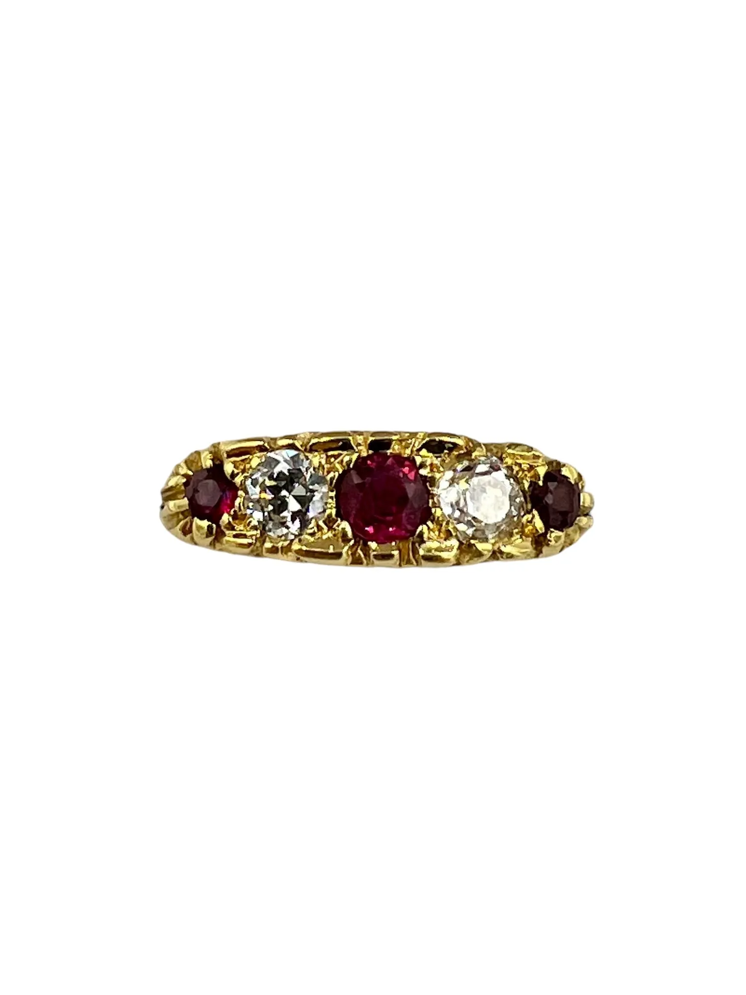 Estate Ruby Diamond Five Stone Yellow Gold Band Ring