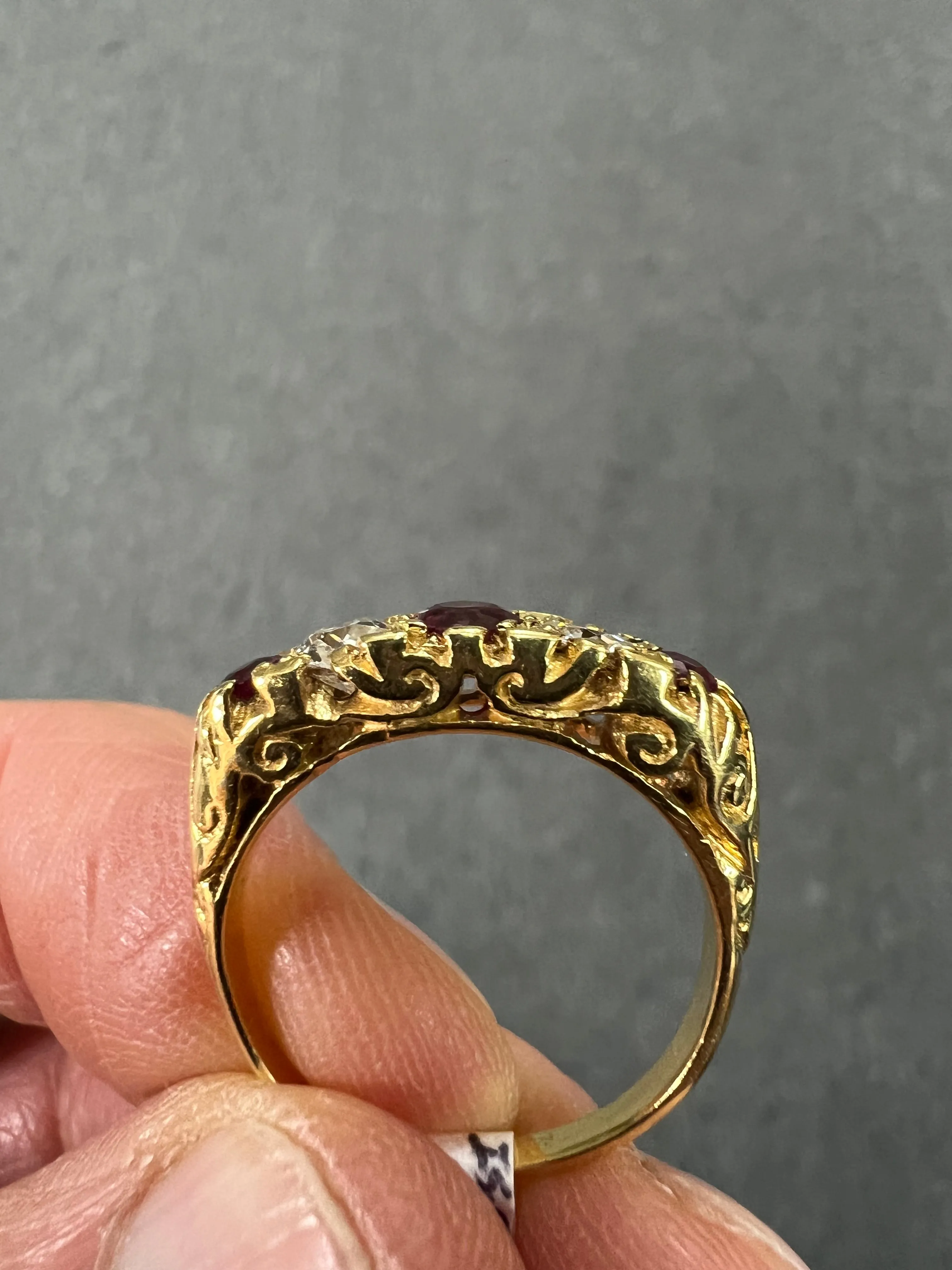 Estate Ruby Diamond Five Stone Yellow Gold Band Ring