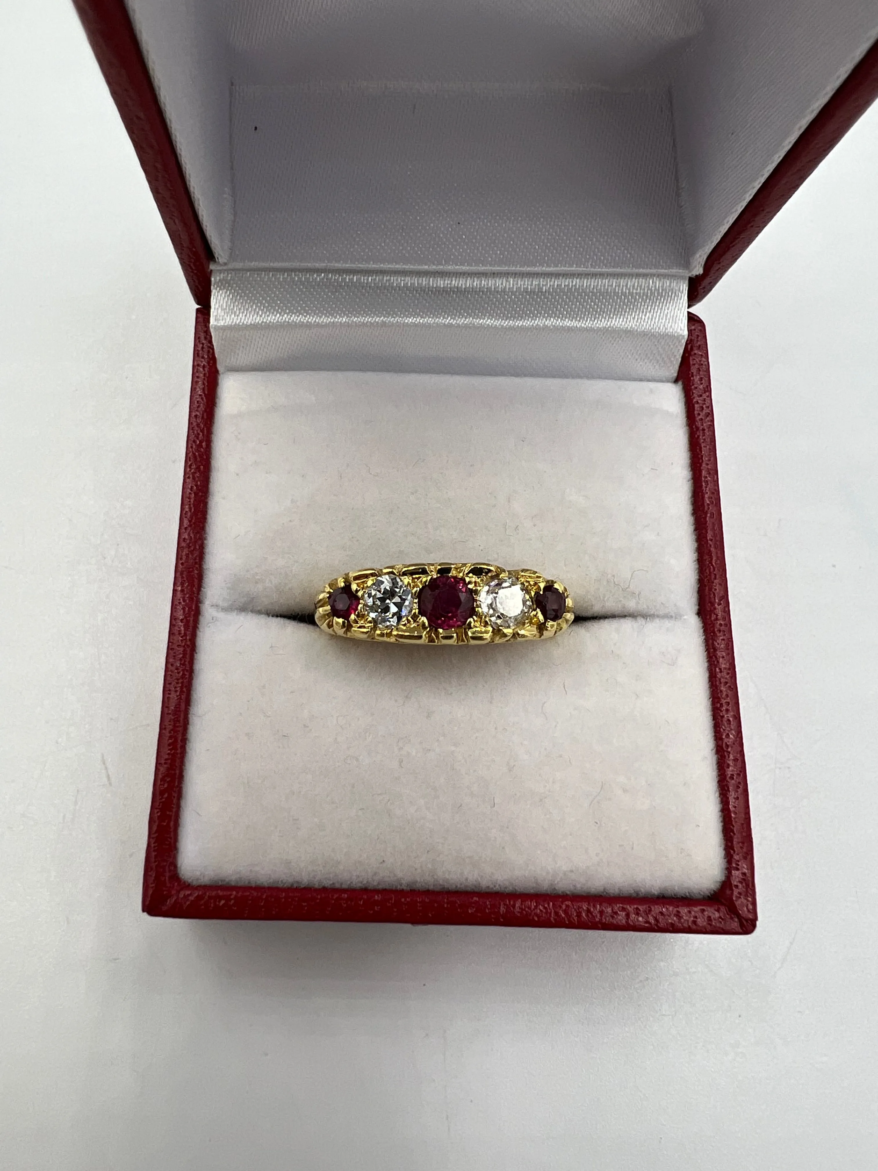 Estate Ruby Diamond Five Stone Yellow Gold Band Ring