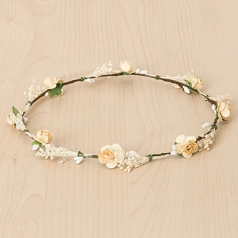 Floral crown with roses and tiny dry blossom bouquets