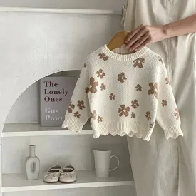 Floral Frill Detail Beige Crew Neck Jumper