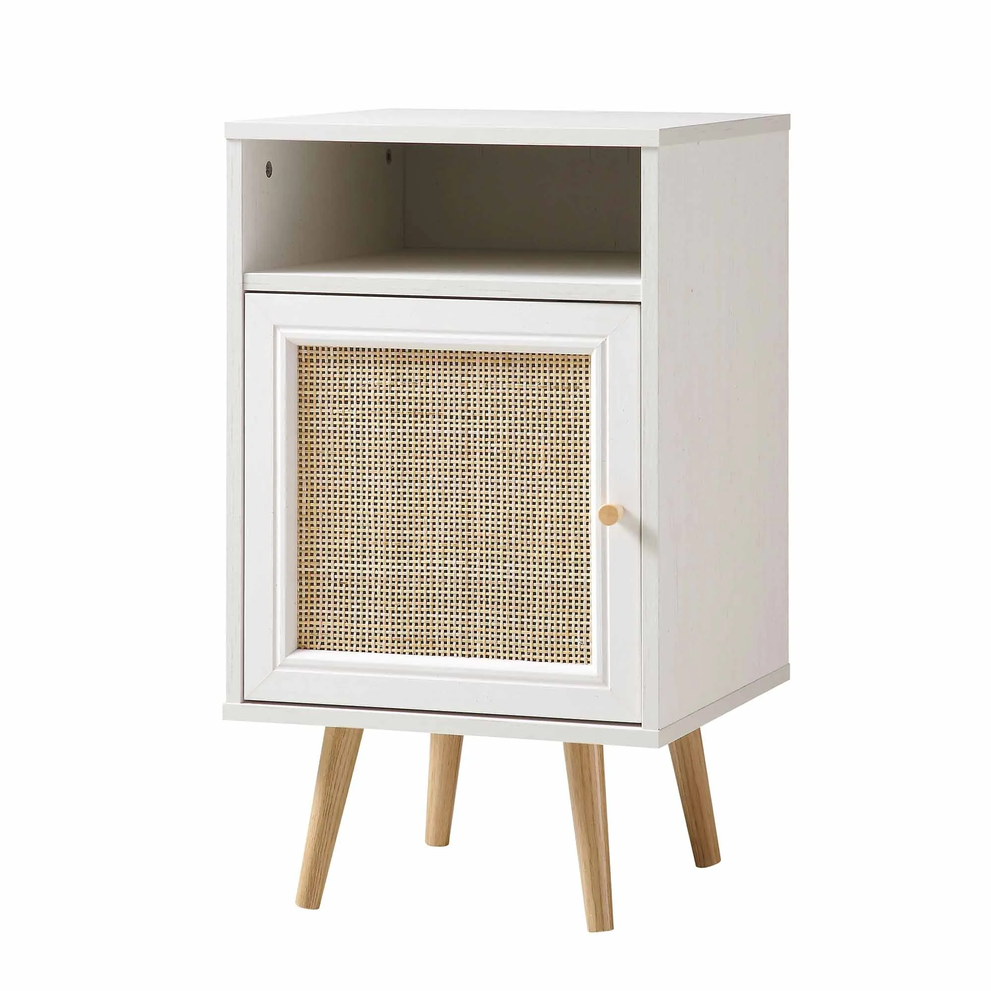 Frances Woven Rattan 1-Door Bedside Table in White