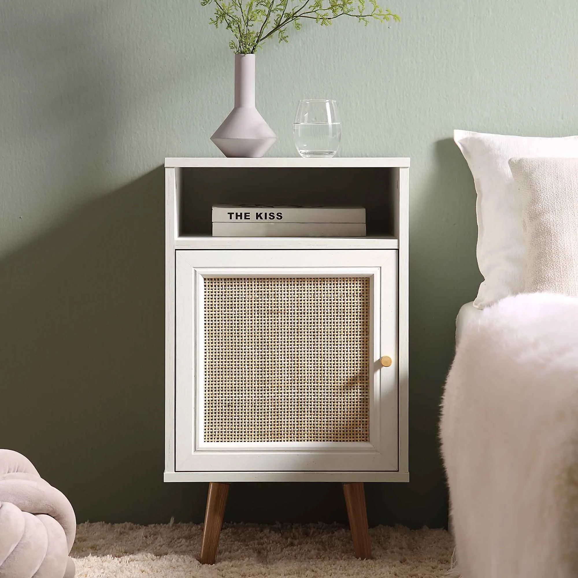 Frances Woven Rattan 1-Door Bedside Table in White