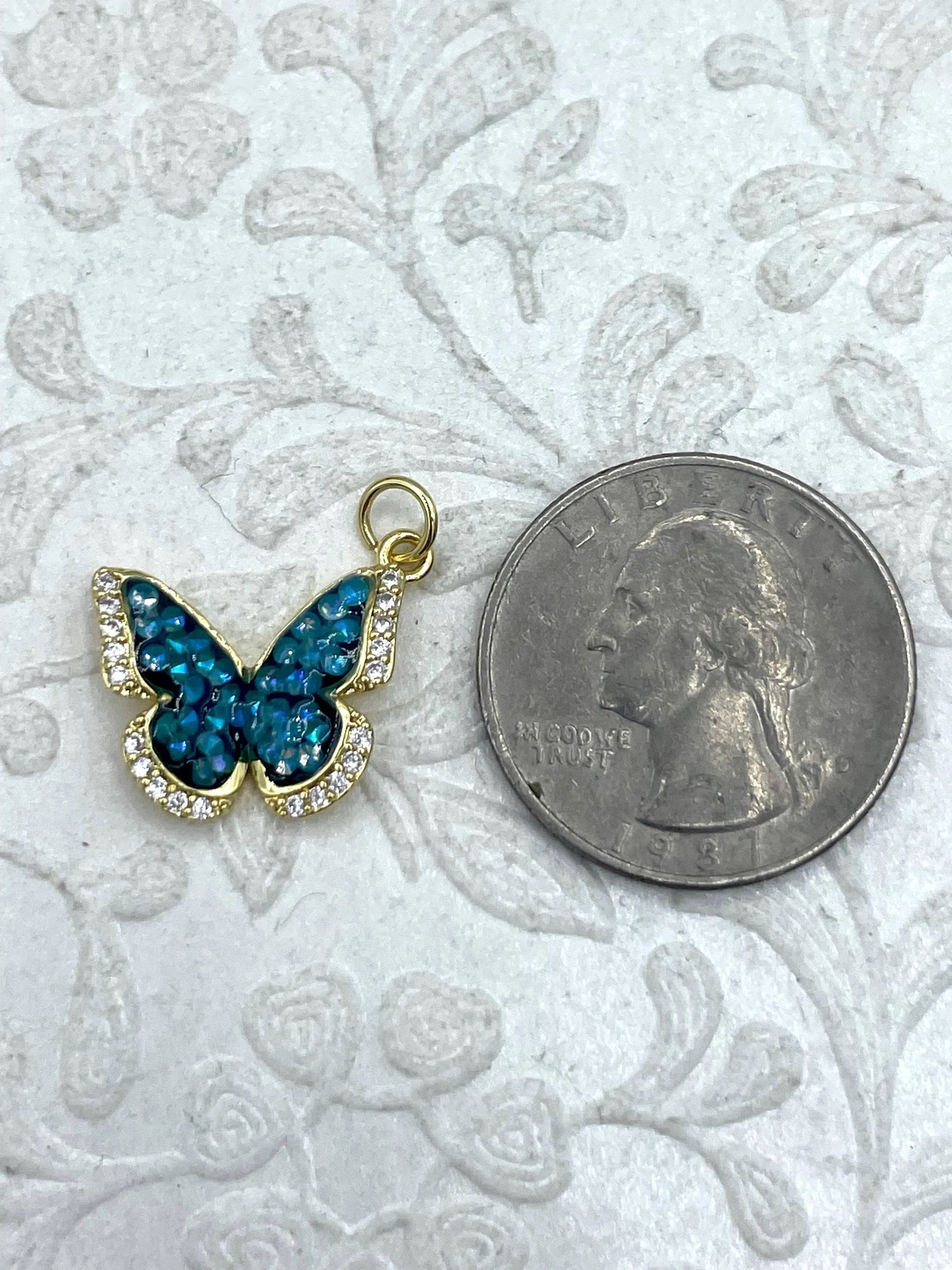 Gold Butterfly Charms with Glitter Enamel and CZ, 5 Colors, Pink,Blue,Peach,Green,Teal, Brass Charms, CZ, Glitter Enamel, Gold, Fast Ship