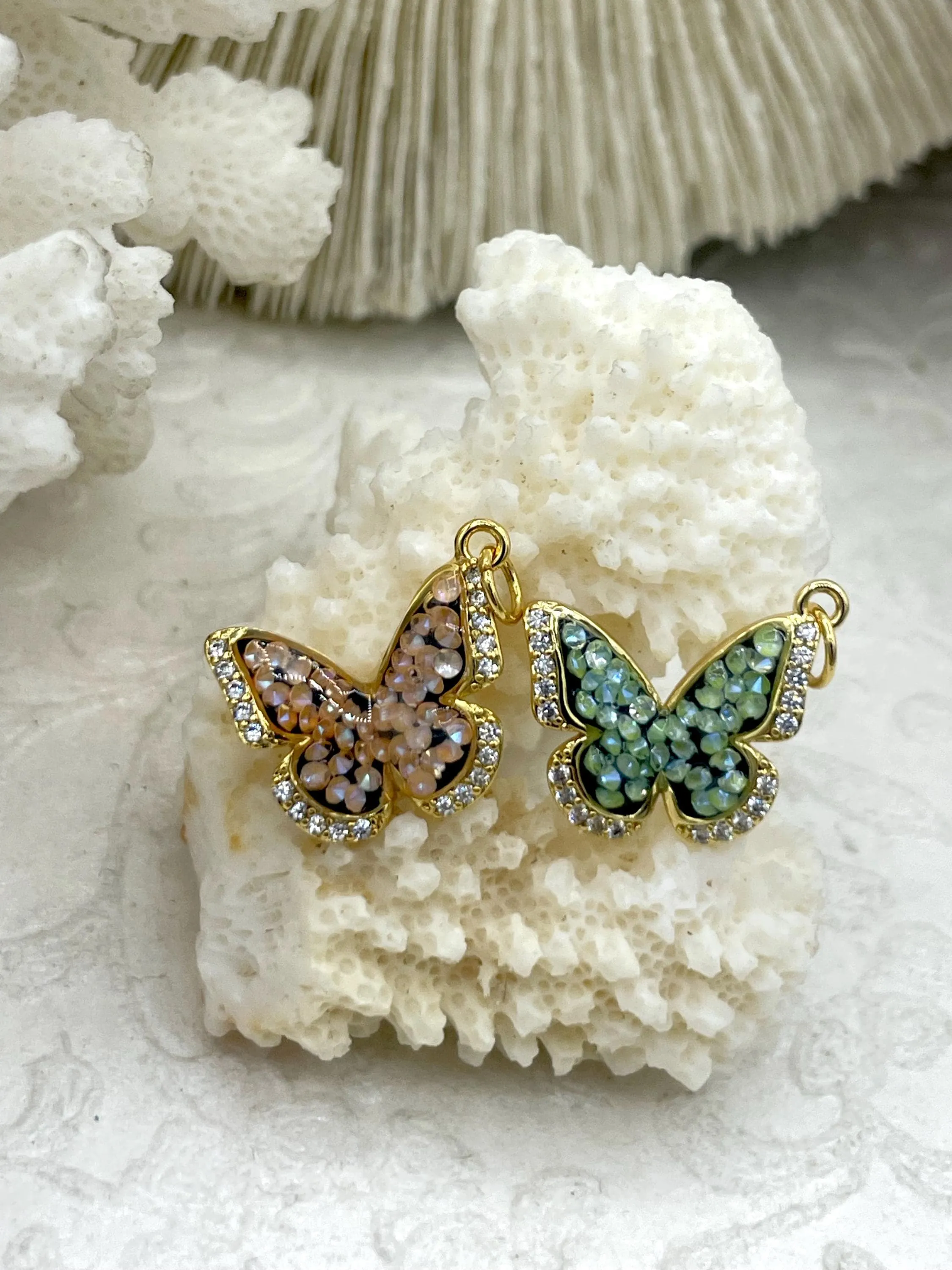 Gold Butterfly Charms with Glitter Enamel and CZ, 5 Colors, Pink,Blue,Peach,Green,Teal, Brass Charms, CZ, Glitter Enamel, Gold, Fast Ship