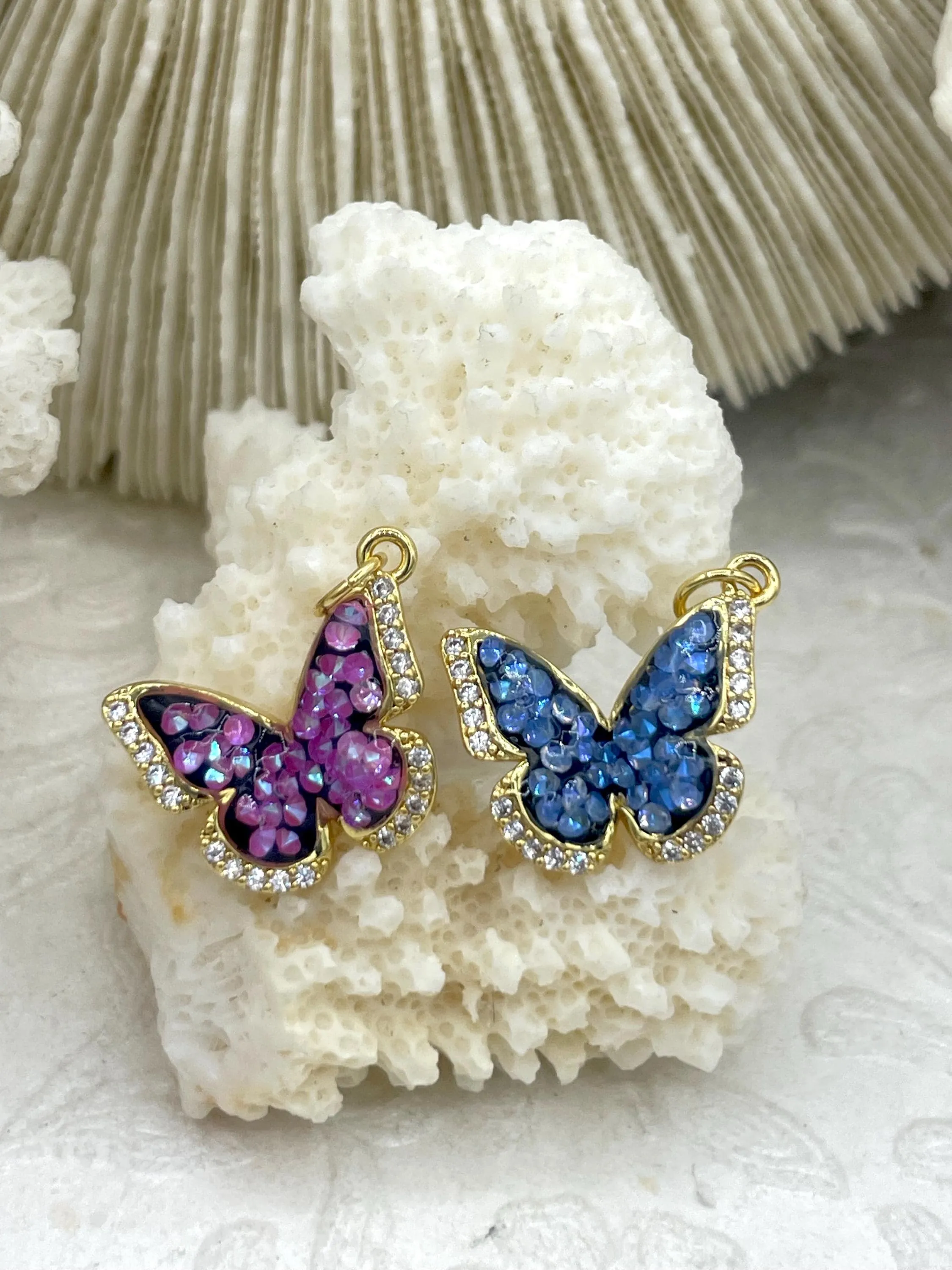 Gold Butterfly Charms with Glitter Enamel and CZ, 5 Colors, Pink,Blue,Peach,Green,Teal, Brass Charms, CZ, Glitter Enamel, Gold, Fast Ship