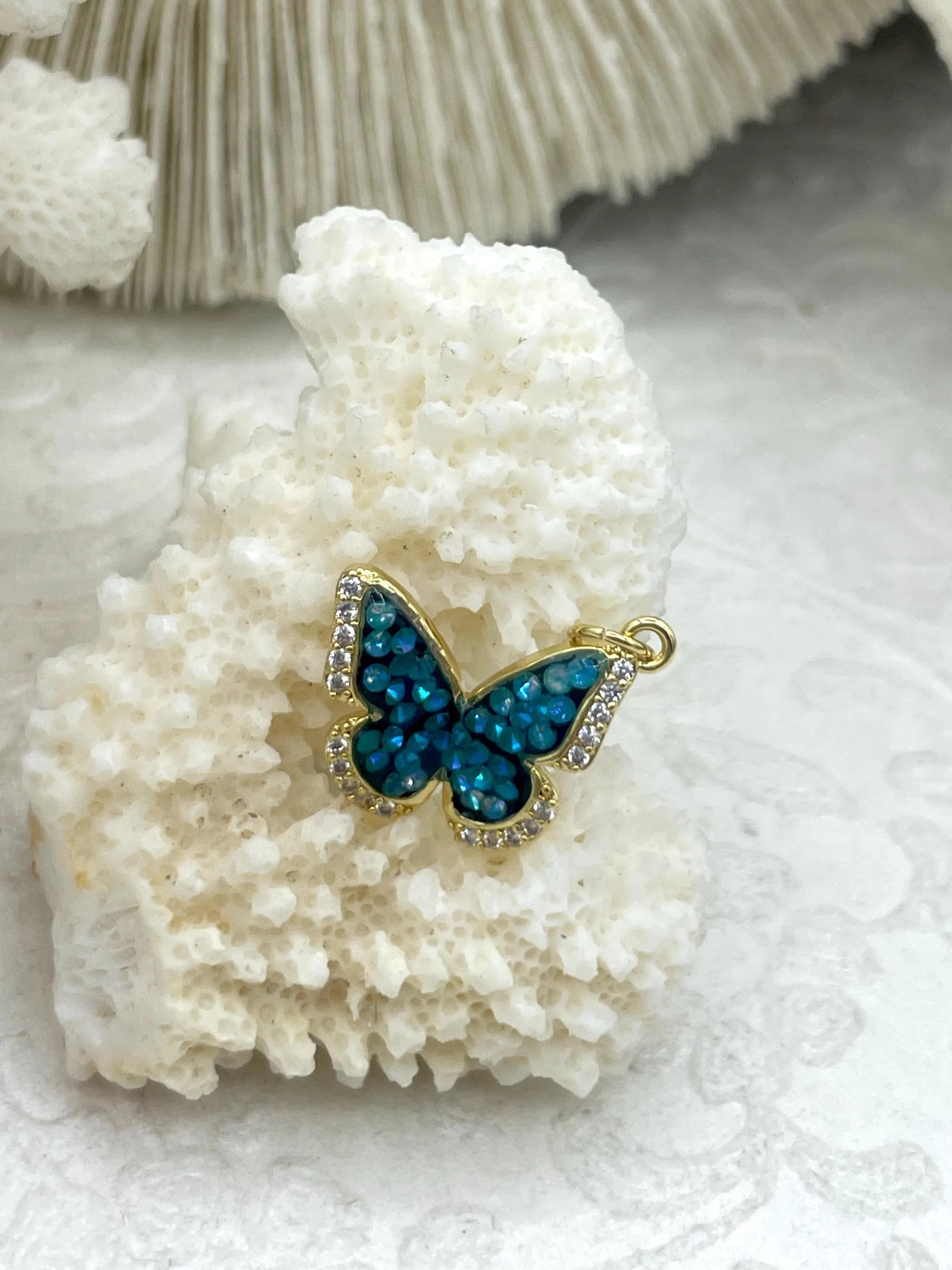 Gold Butterfly Charms with Glitter Enamel and CZ, 5 Colors, Pink,Blue,Peach,Green,Teal, Brass Charms, CZ, Glitter Enamel, Gold, Fast Ship