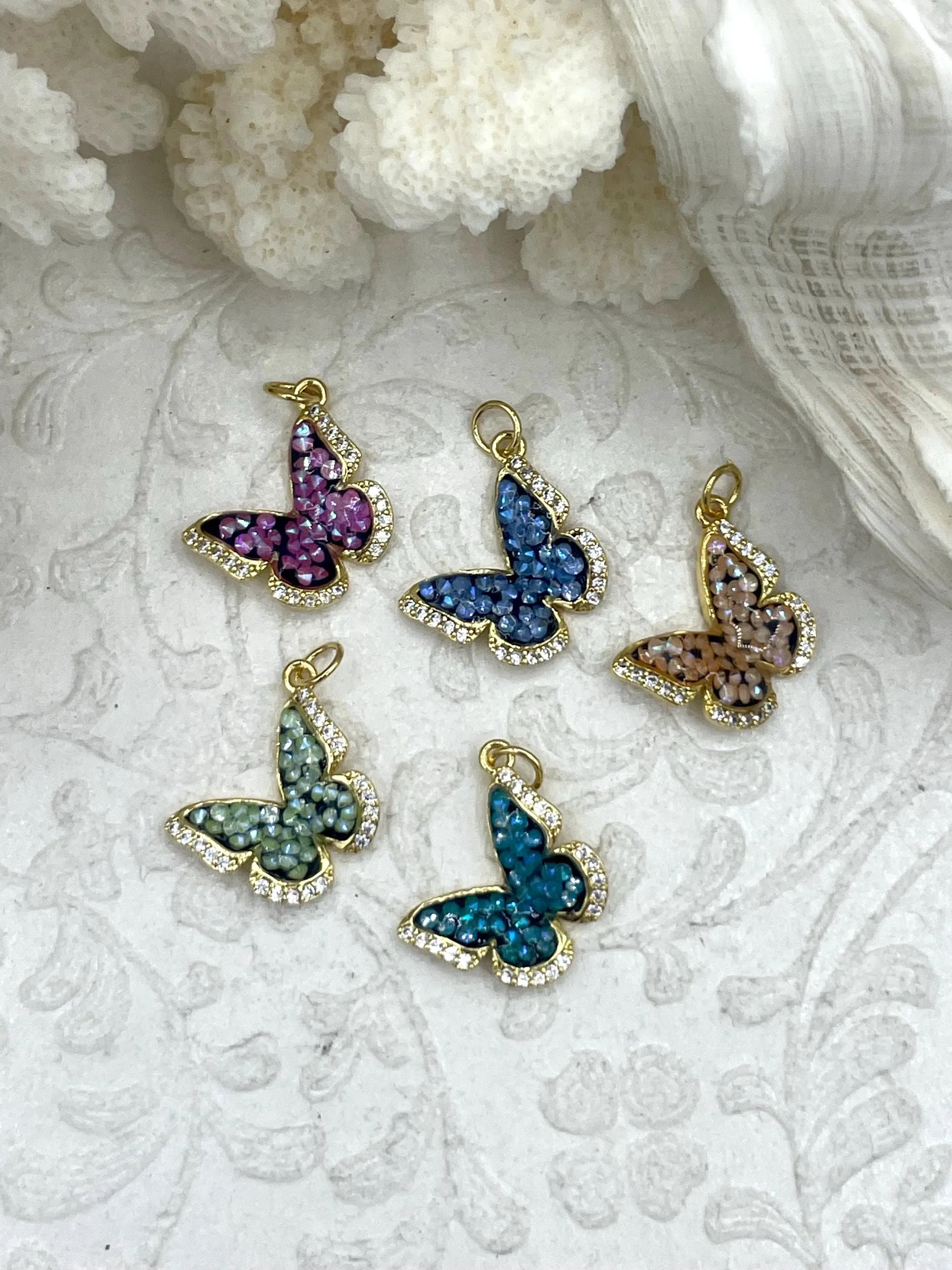 Gold Butterfly Charms with Glitter Enamel and CZ, 5 Colors, Pink,Blue,Peach,Green,Teal, Brass Charms, CZ, Glitter Enamel, Gold, Fast Ship