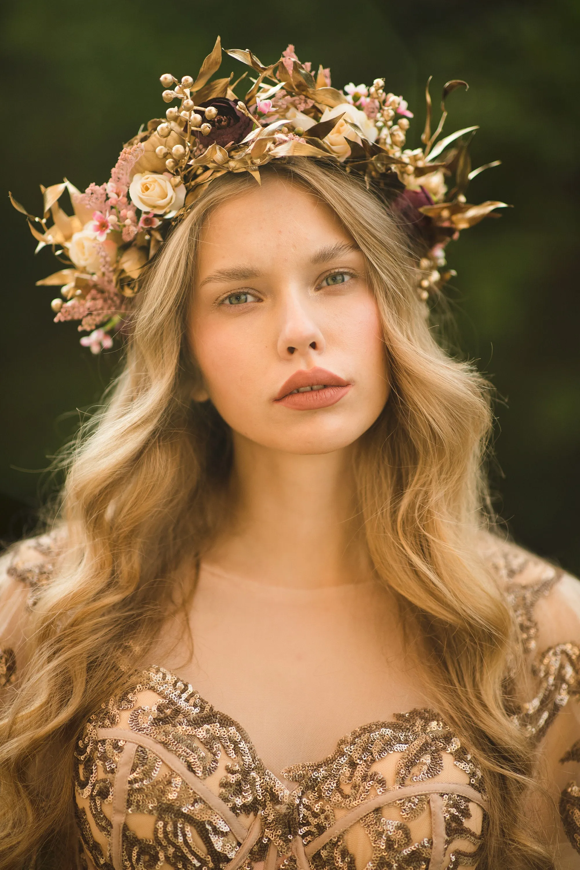 Golden boho wedding hair crown  Flower wedding wreath Bridal hair crown Wedding accessories Magaela hair crown Handmade flower crown