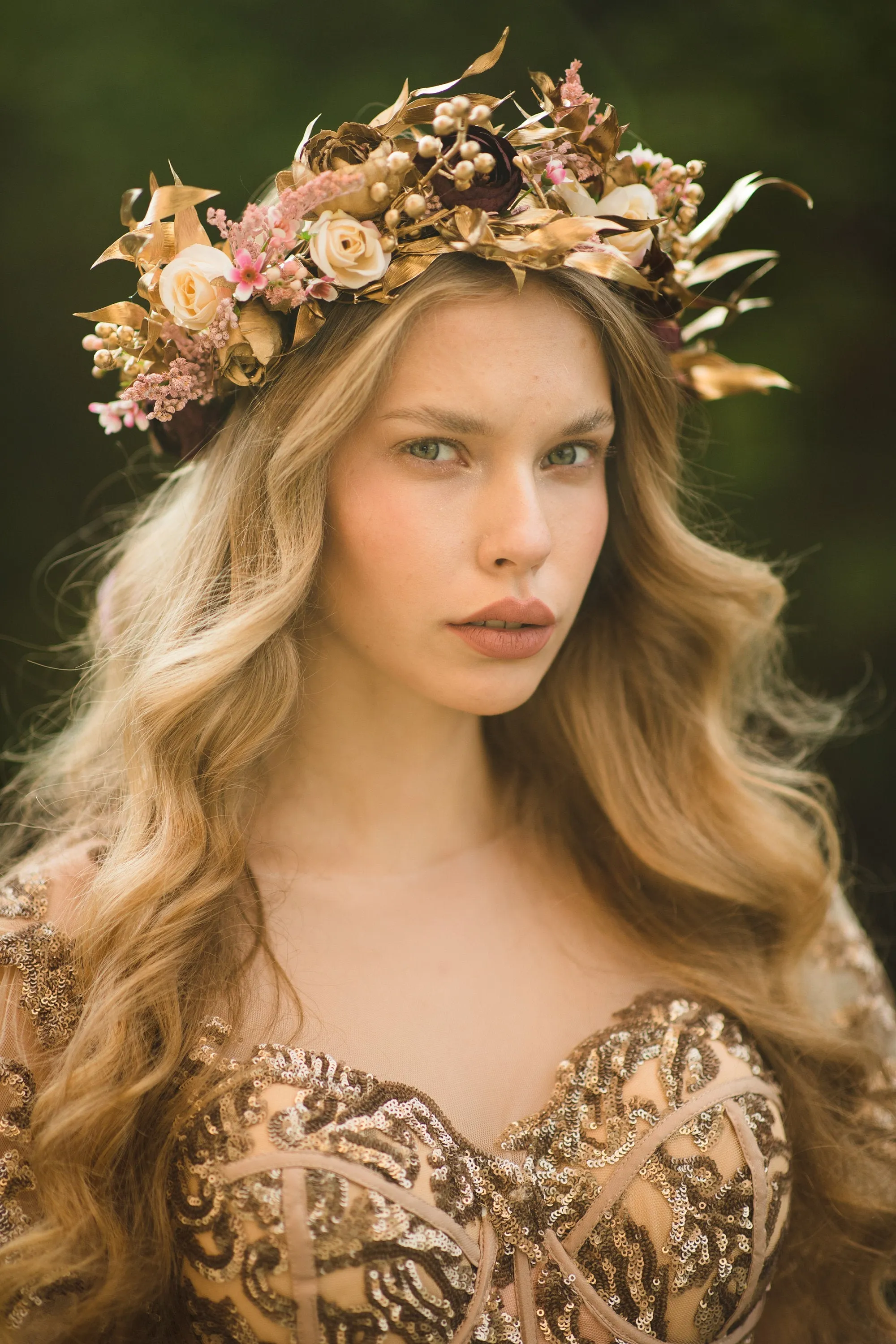 Golden boho wedding hair crown  Flower wedding wreath Bridal hair crown Wedding accessories Magaela hair crown Handmade flower crown