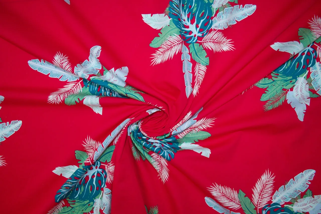 Hawaiian Holiday Cotton Shirt Weight - Greens/Blues on Red