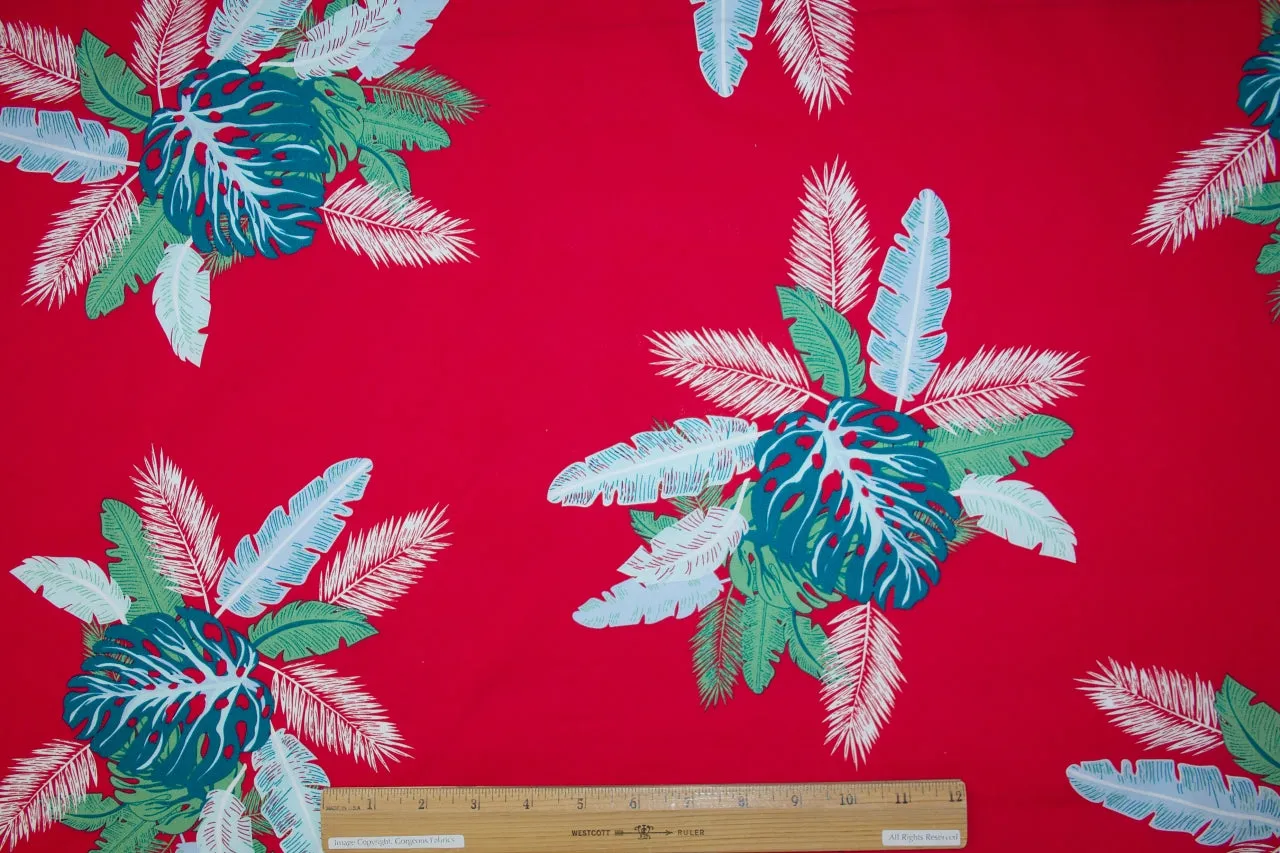 Hawaiian Holiday Cotton Shirt Weight - Greens/Blues on Red