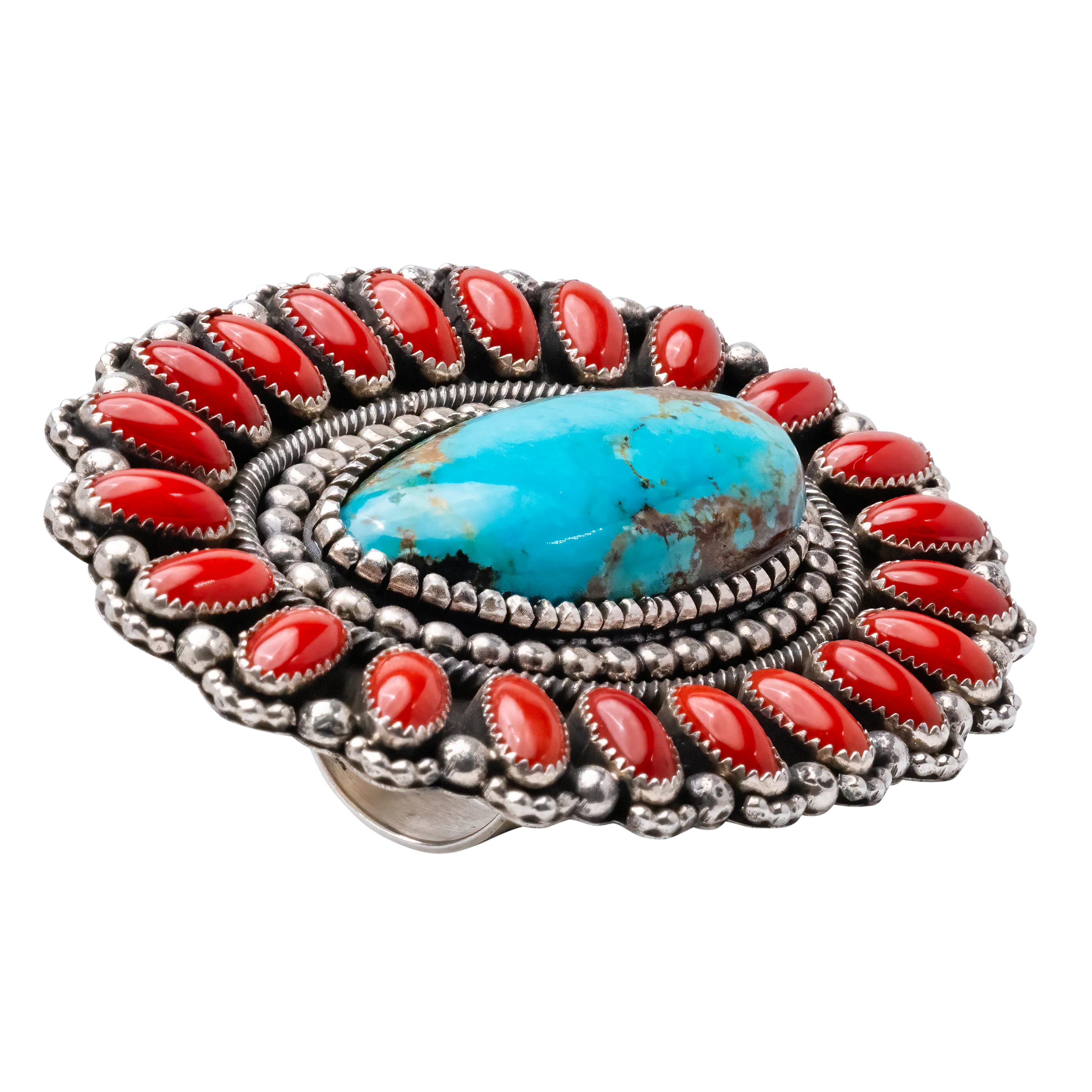 High-grade Kingman Turquoise & Mediterranean Coral Cluster Ring | Hemerson Brown